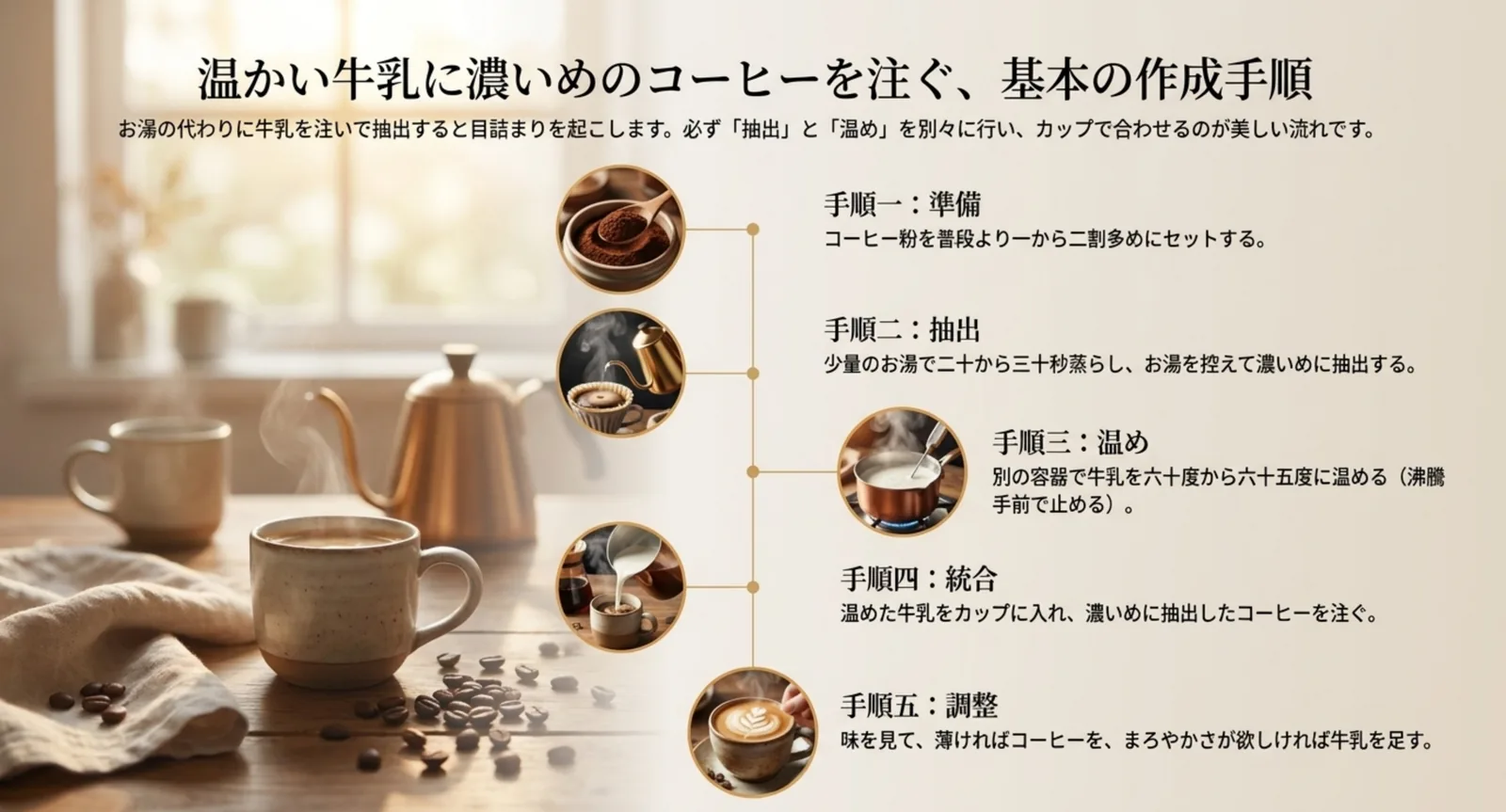 準備から調整までのカフェオレ作りの手順を並べた図