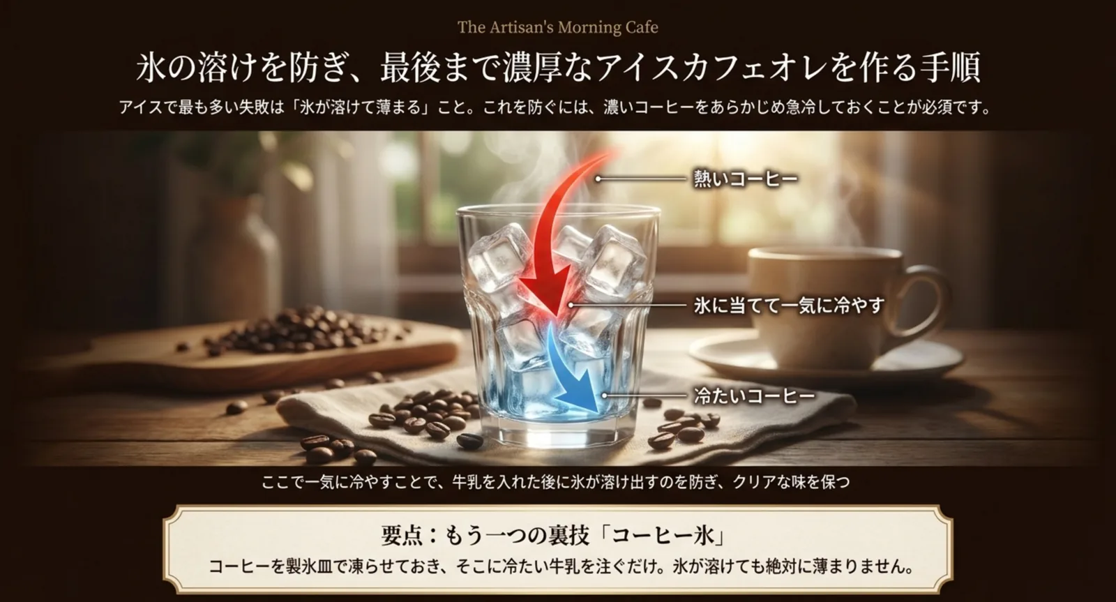 氷の上に濃いコーヒーを注ぐアイスカフェオレの図