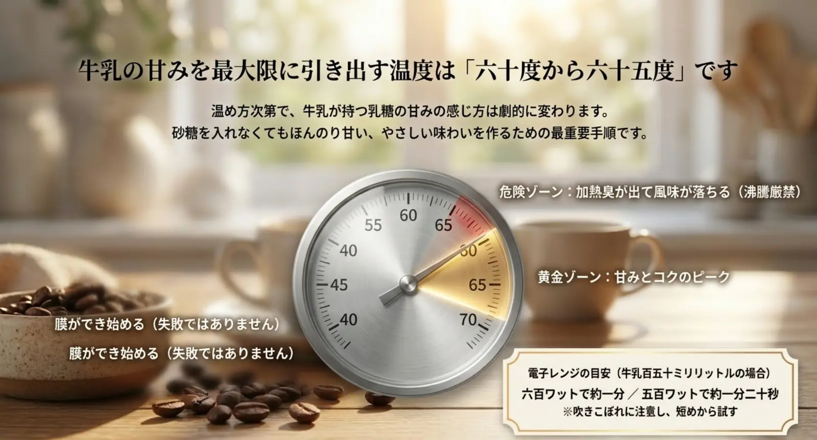 牛乳の適温60から65度を示す温度計の図
