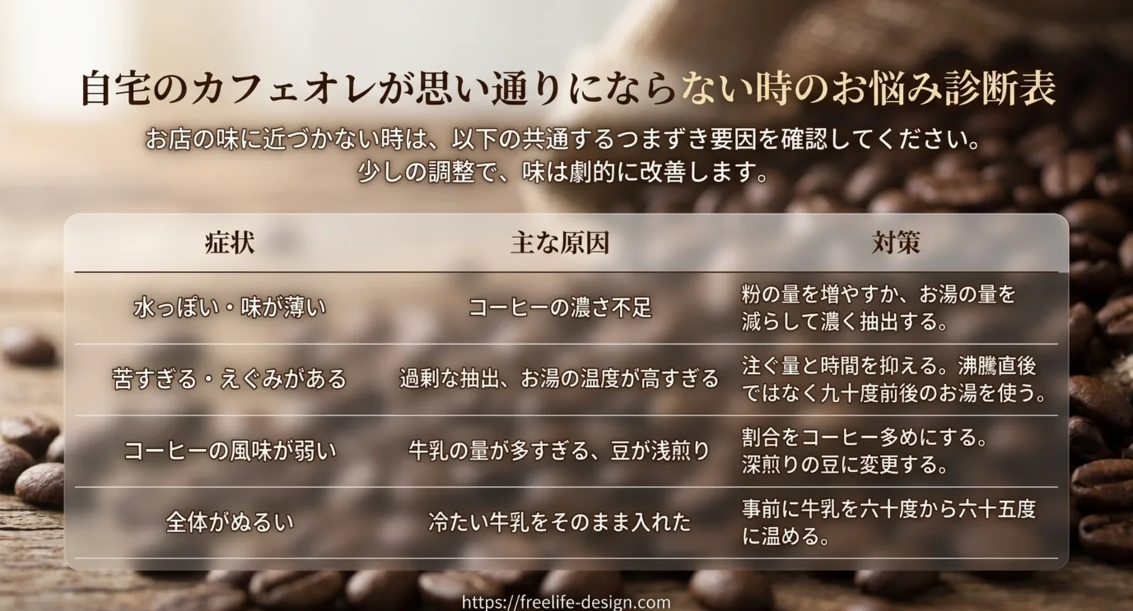 水っぽいや苦いなどの原因と対策をまとめた表