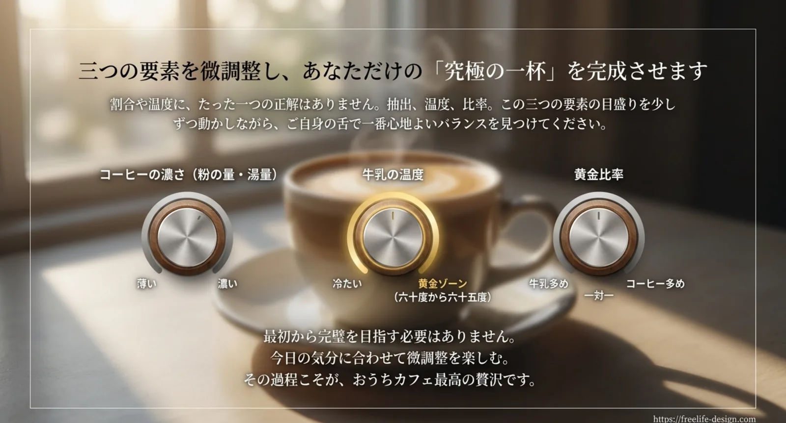コーヒーの濃さと牛乳の温度と比率を調整するイメージ