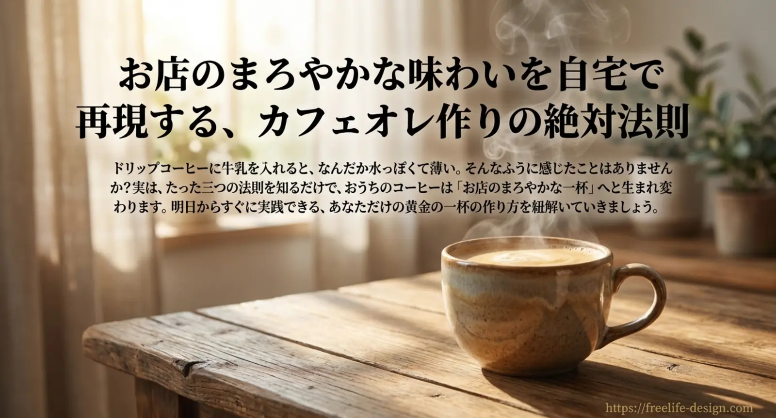 湯気の立つカフェオレのカップと木のテーブル