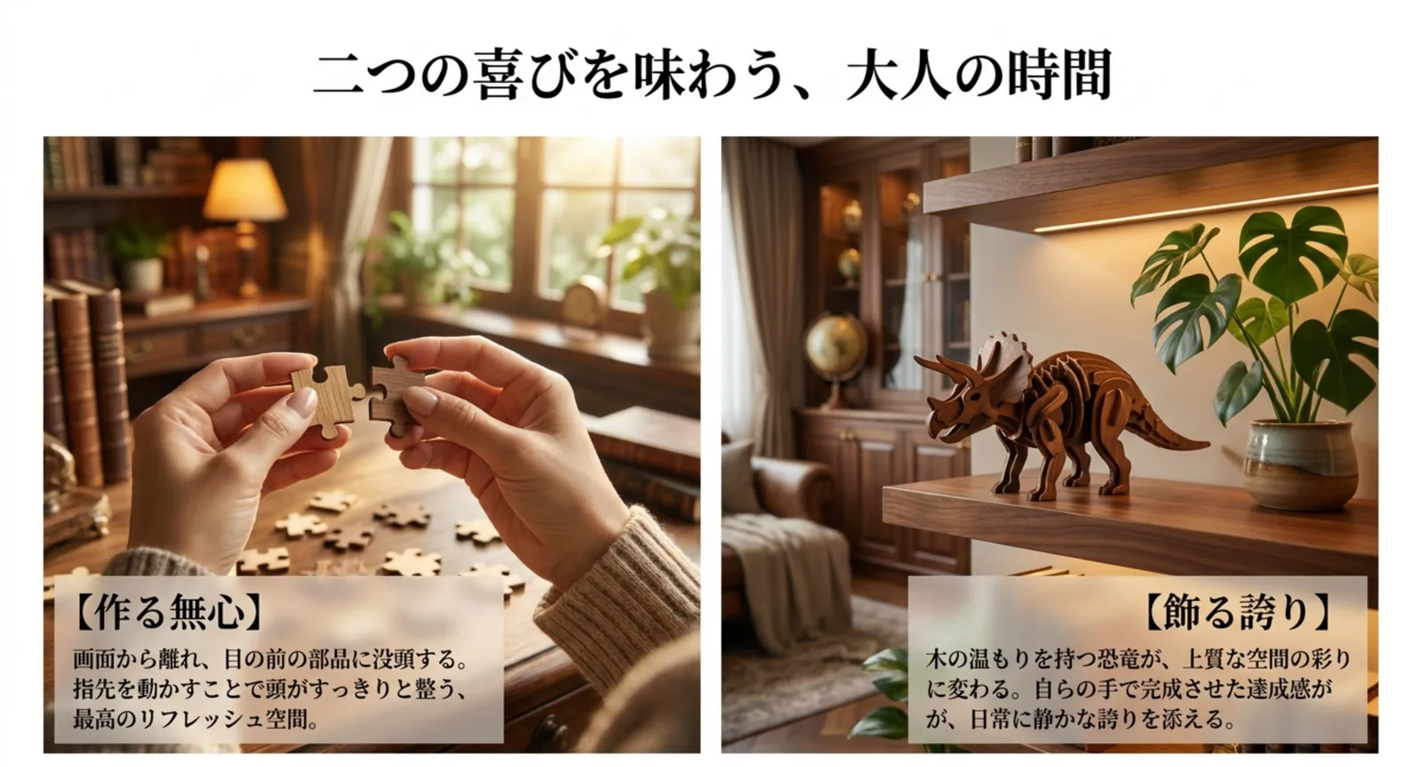 木製パズルを組み立てる手と棚に飾った恐竜模型のイメージ