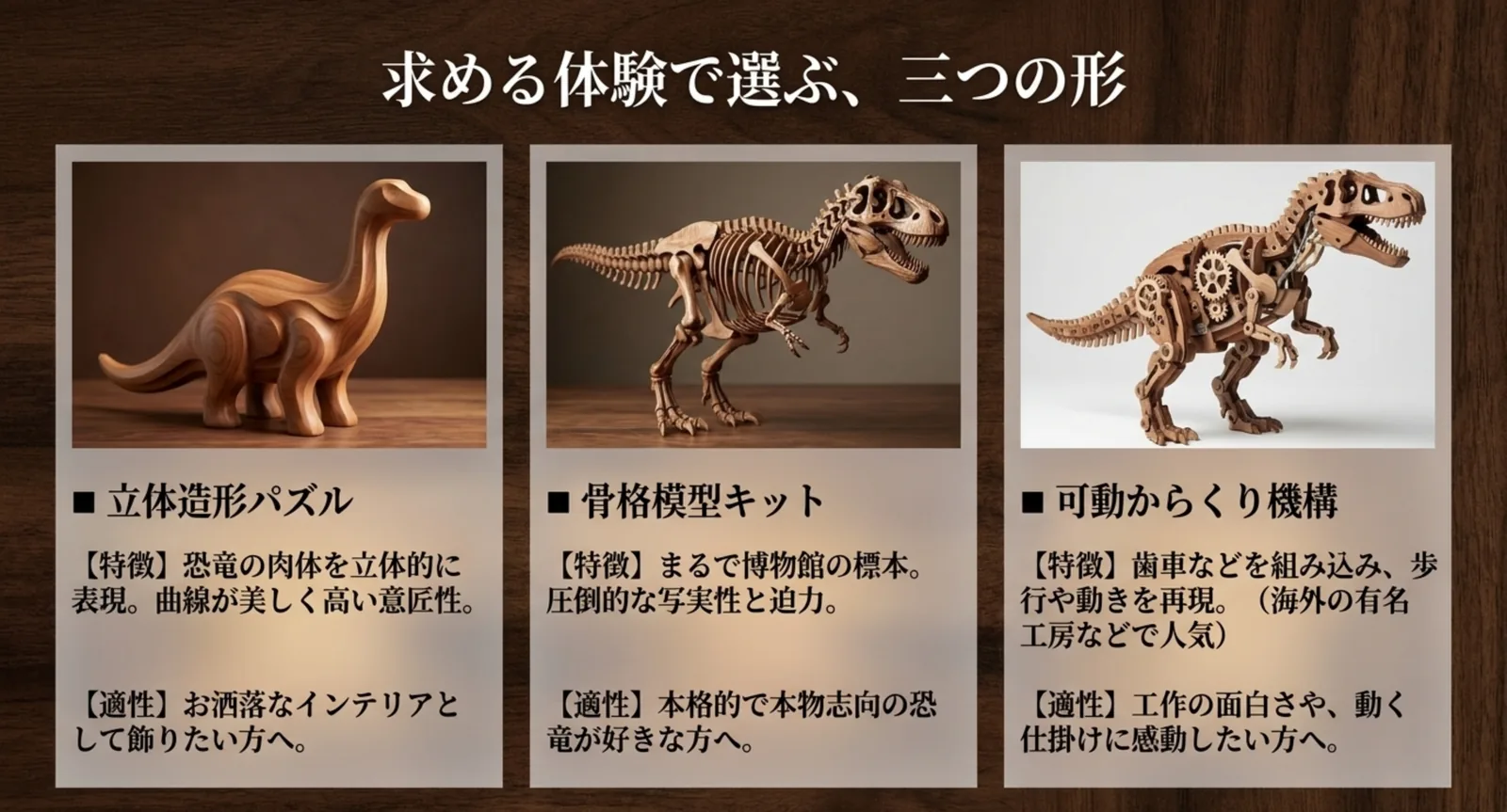 立体造形・骨格模型・可動メカニカルの3タイプを比べた図