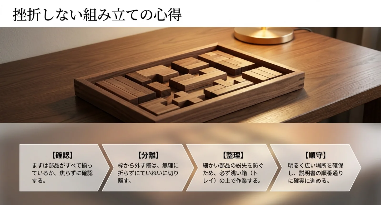 確認・分離・整理・順守という組み立ての手順を示した図