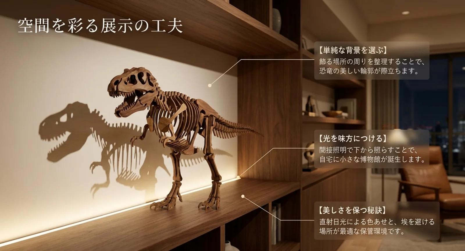 間接照明で照らした木製恐竜骨格の展示イメージ
