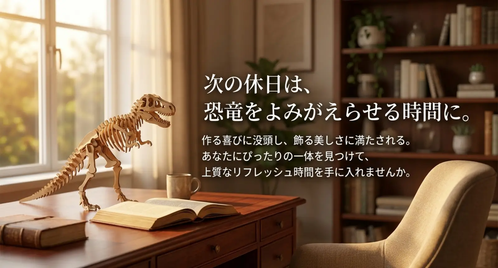 書斎の机に飾られた木製ティラノサウルスと休日のイメージ