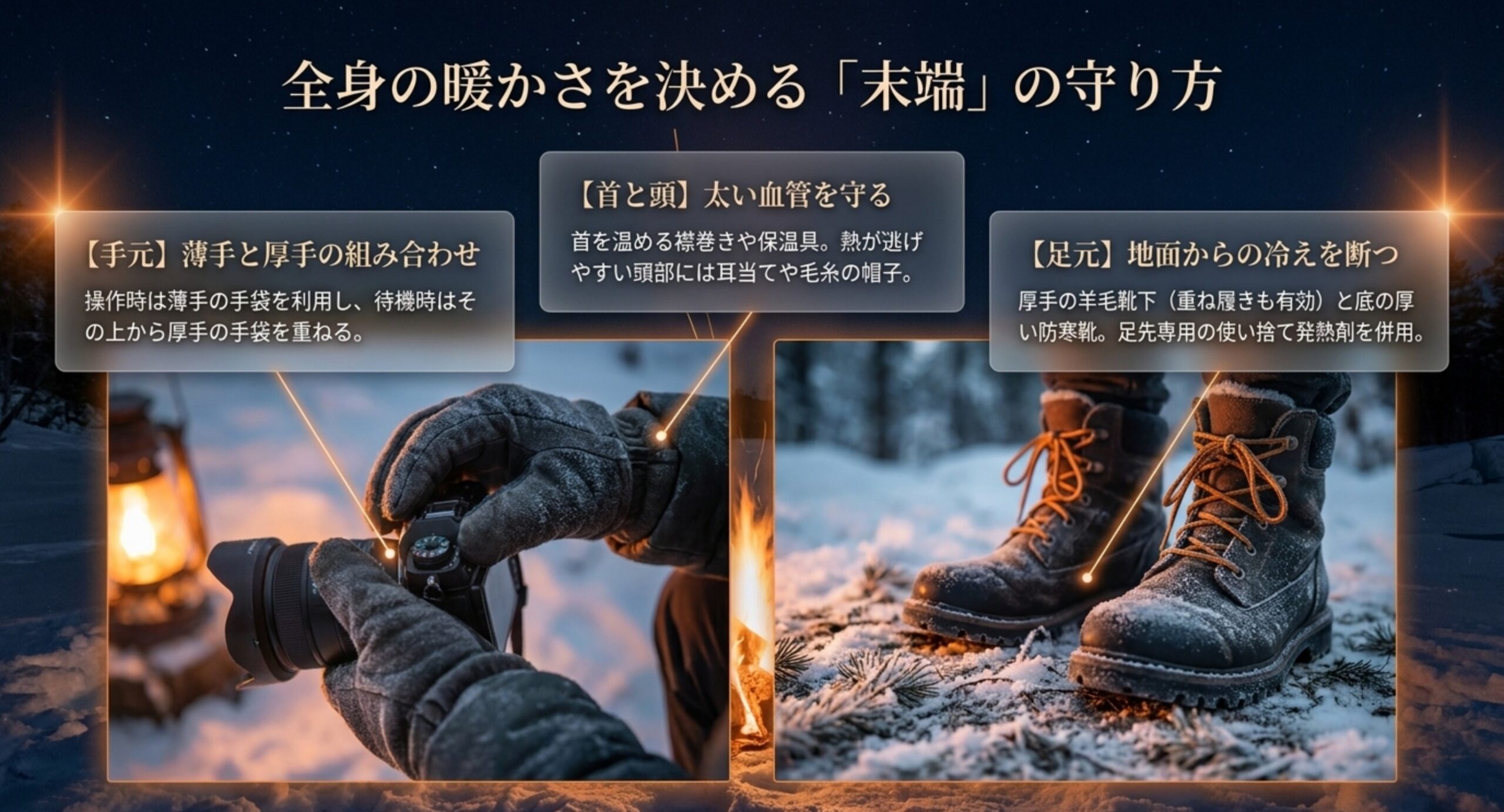 手元・首と頭・足元という冷えやすい末端の防寒の仕方を示したスライド