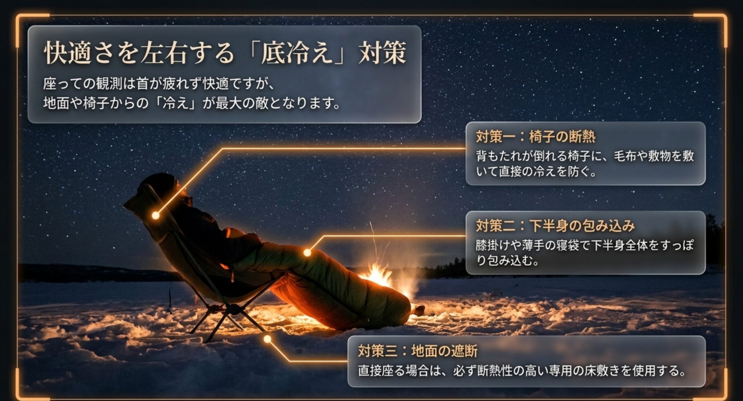 椅子の断熱・下半身の包み込み・地面の遮断という底冷え対策の三つの方法を示したスライド