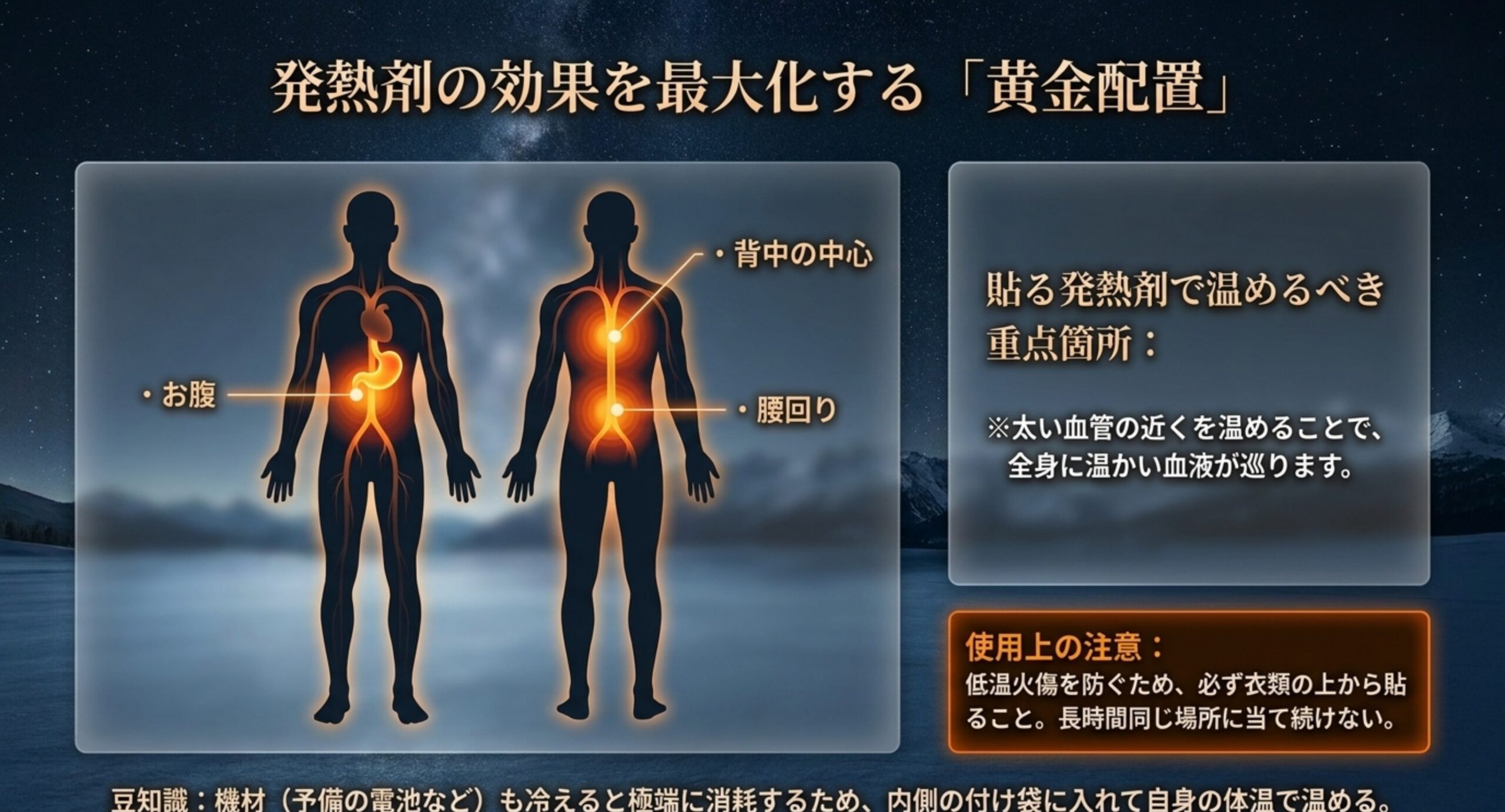 お腹・背中の中心・腰回りなどカイロを貼る重点部位と低温やけどへの注意を示したスライド