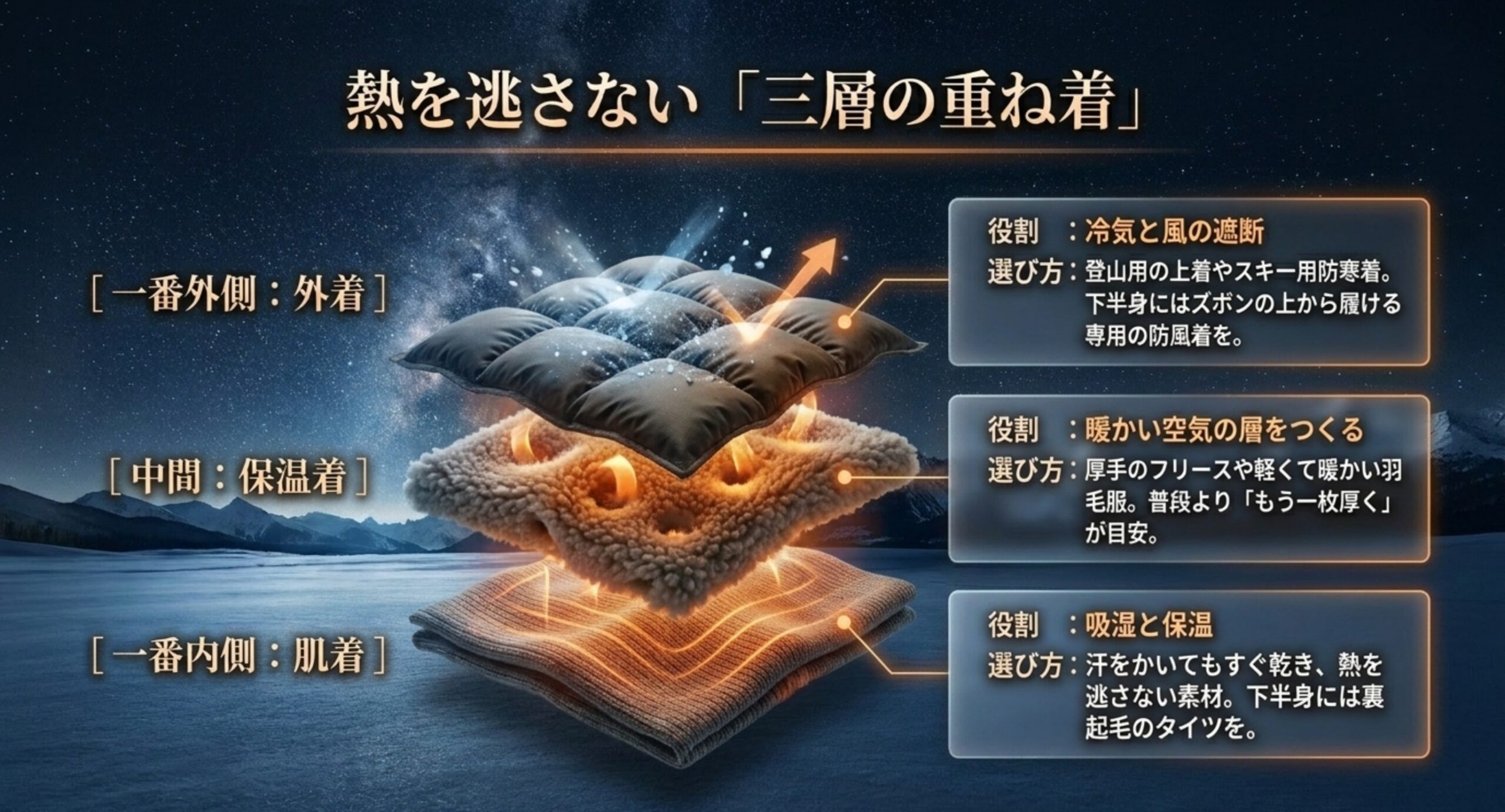 外着・保温着・肌着という三層の重ね着の役割と選び方を示したスライド