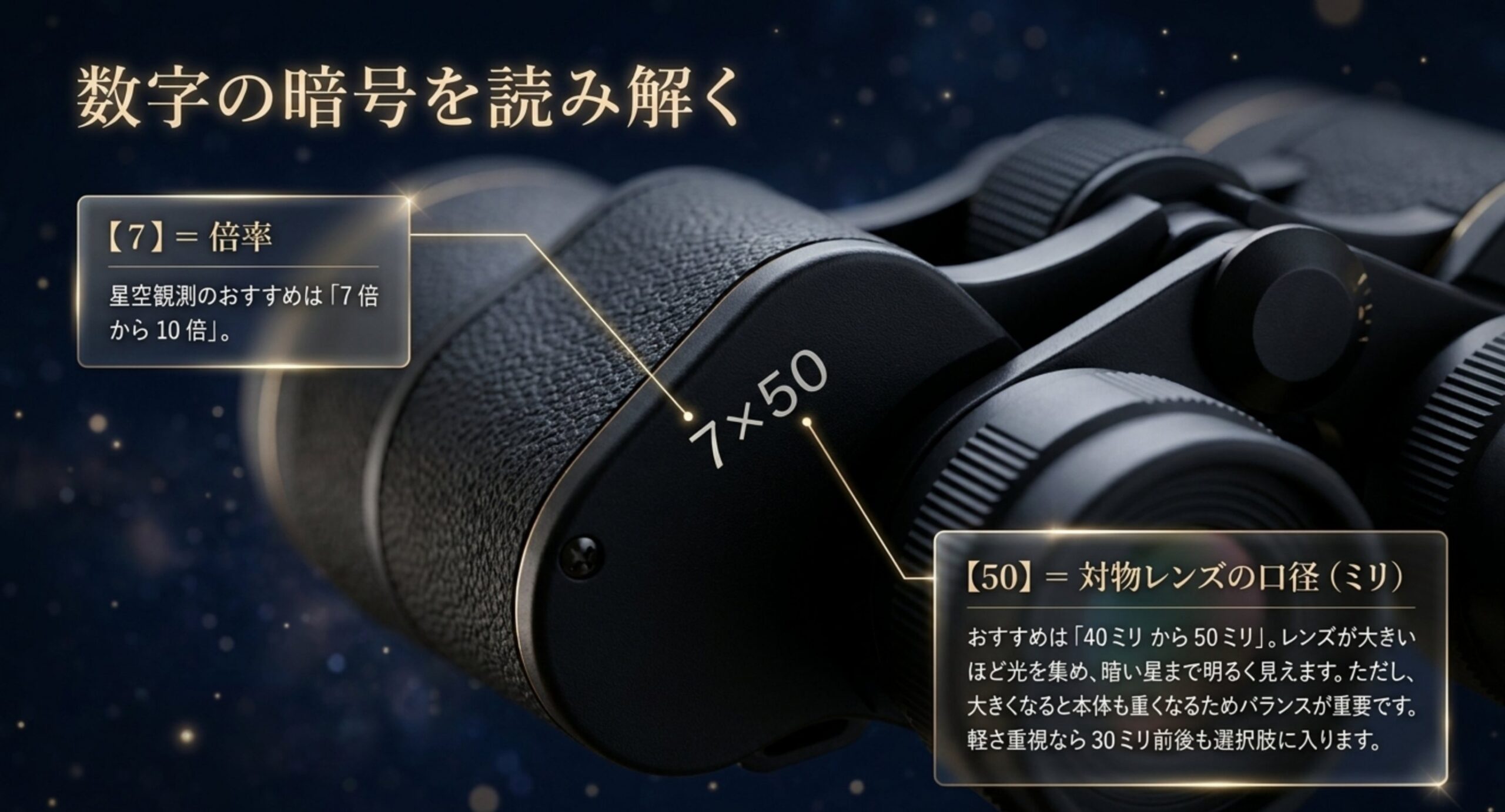 双眼鏡に書かれた7×50が倍率7倍と対物レンズ口径50mmを表すことを解説したスライド