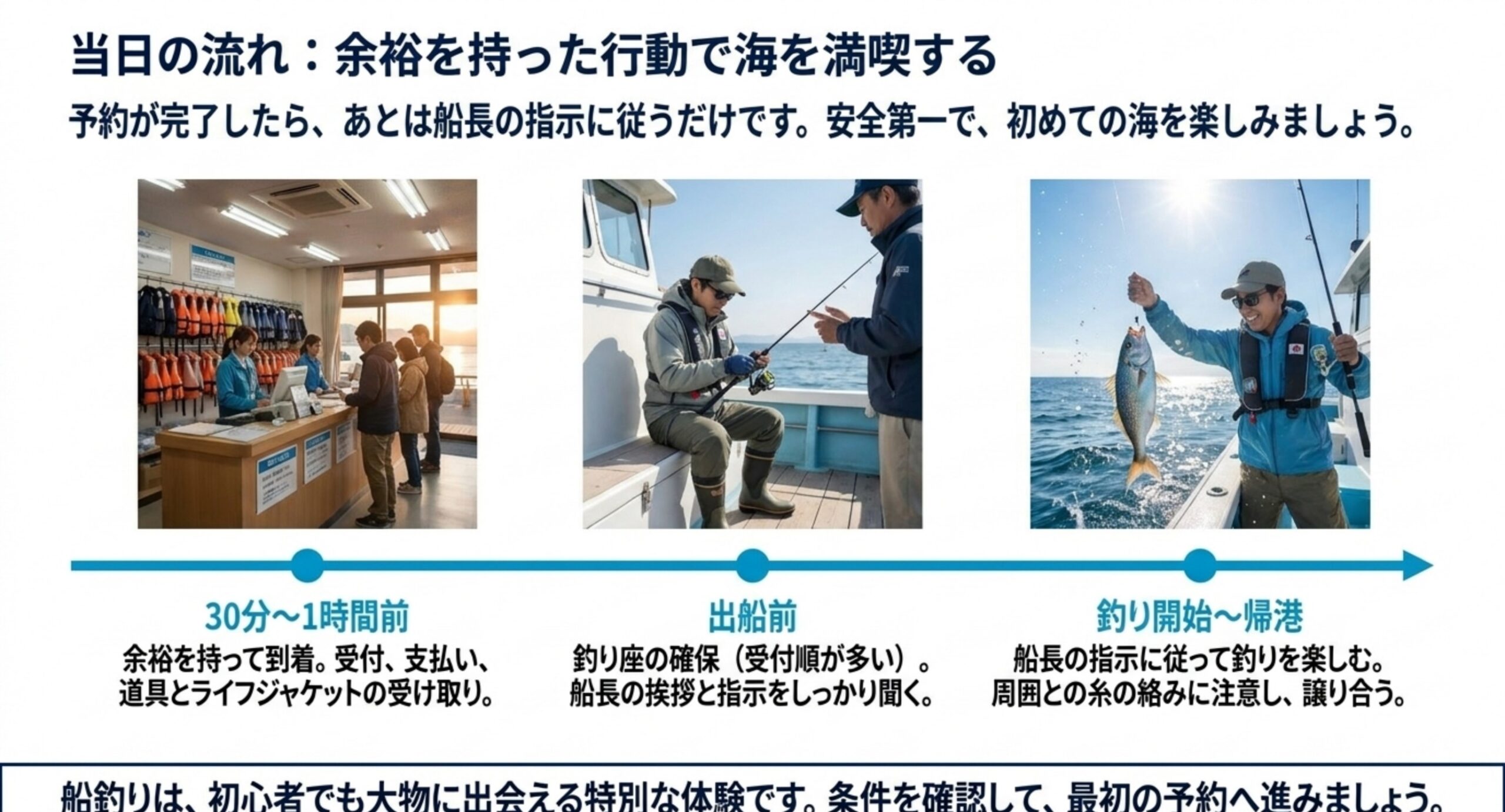出船30分から1時間前の受付から、釣り座の確認と出船、釣り開始から帰港までの当日の流れを時系列で示したスライド