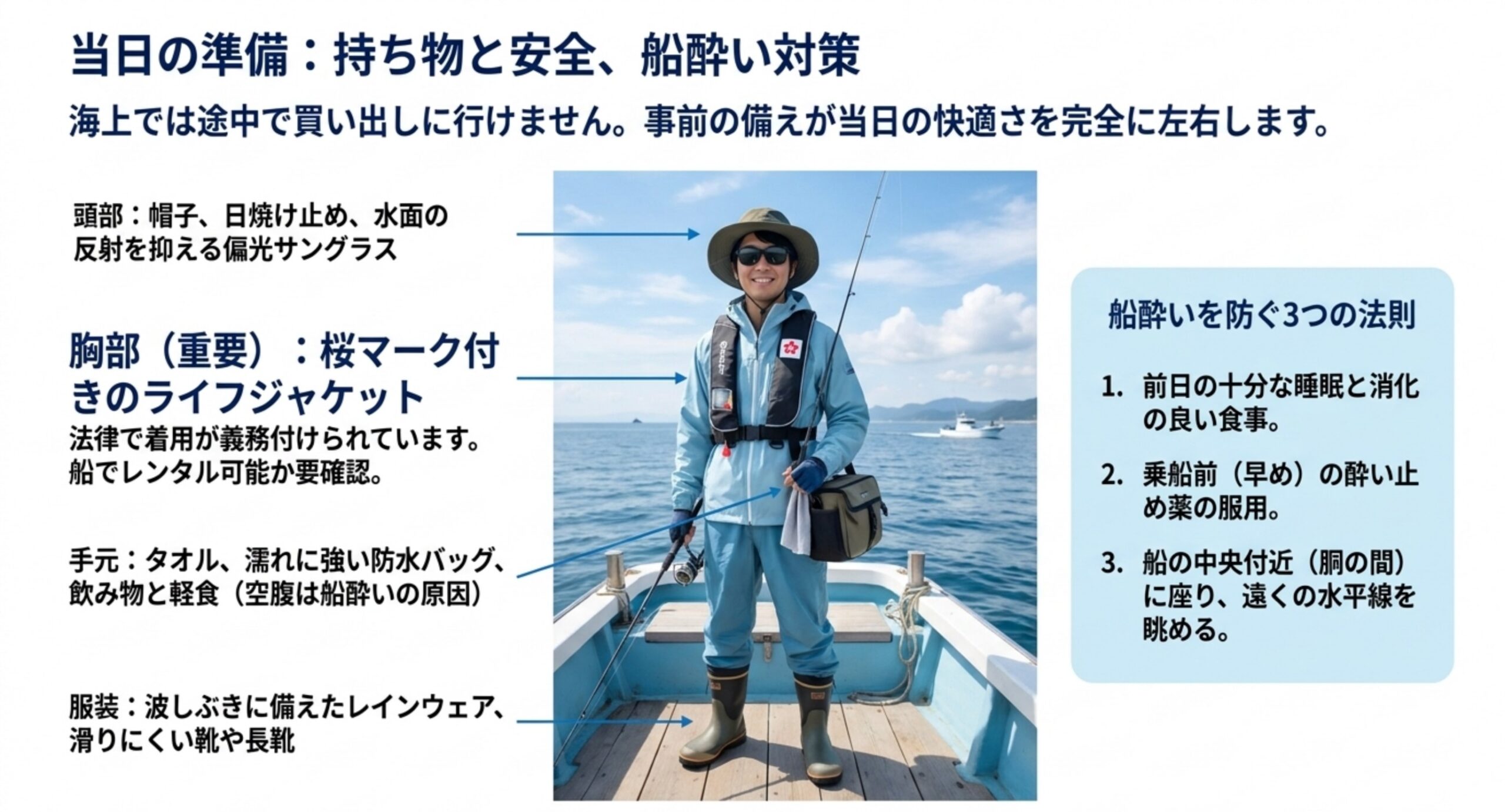 桜マーク付きライフジャケットや偏光サングラス、防水バッグ、レインウェアなどの装備を着けた釣り人の写真と、船酔いを防ぐ3つのコツをまとめたスライド