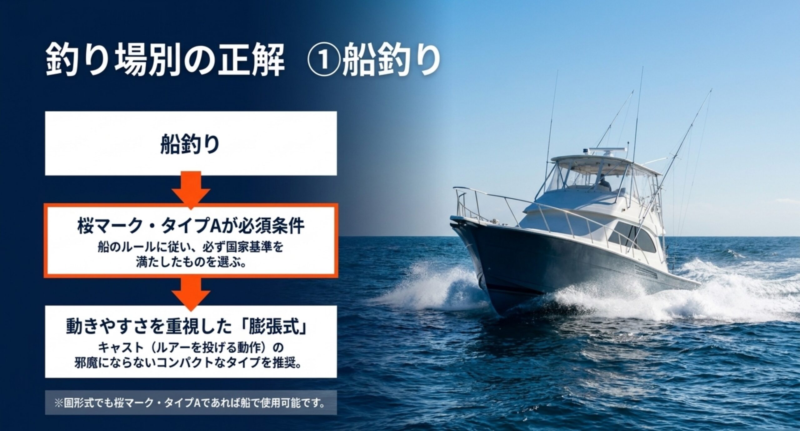船釣りでは桜マーク付きタイプAが必須で動きやすい膨張式が向くことを示したスライド
