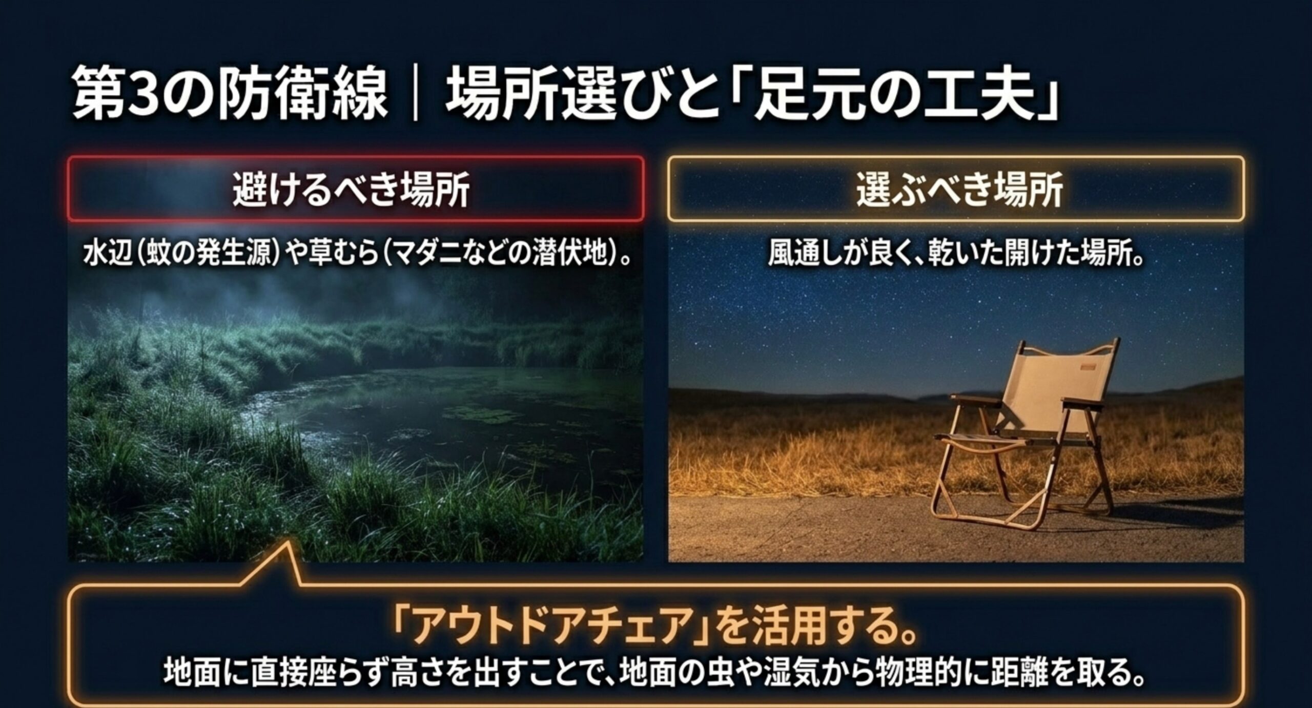 水辺や草むらを避け開けた場所を選びアウトドアチェアで足元を守る工夫を示したスライド