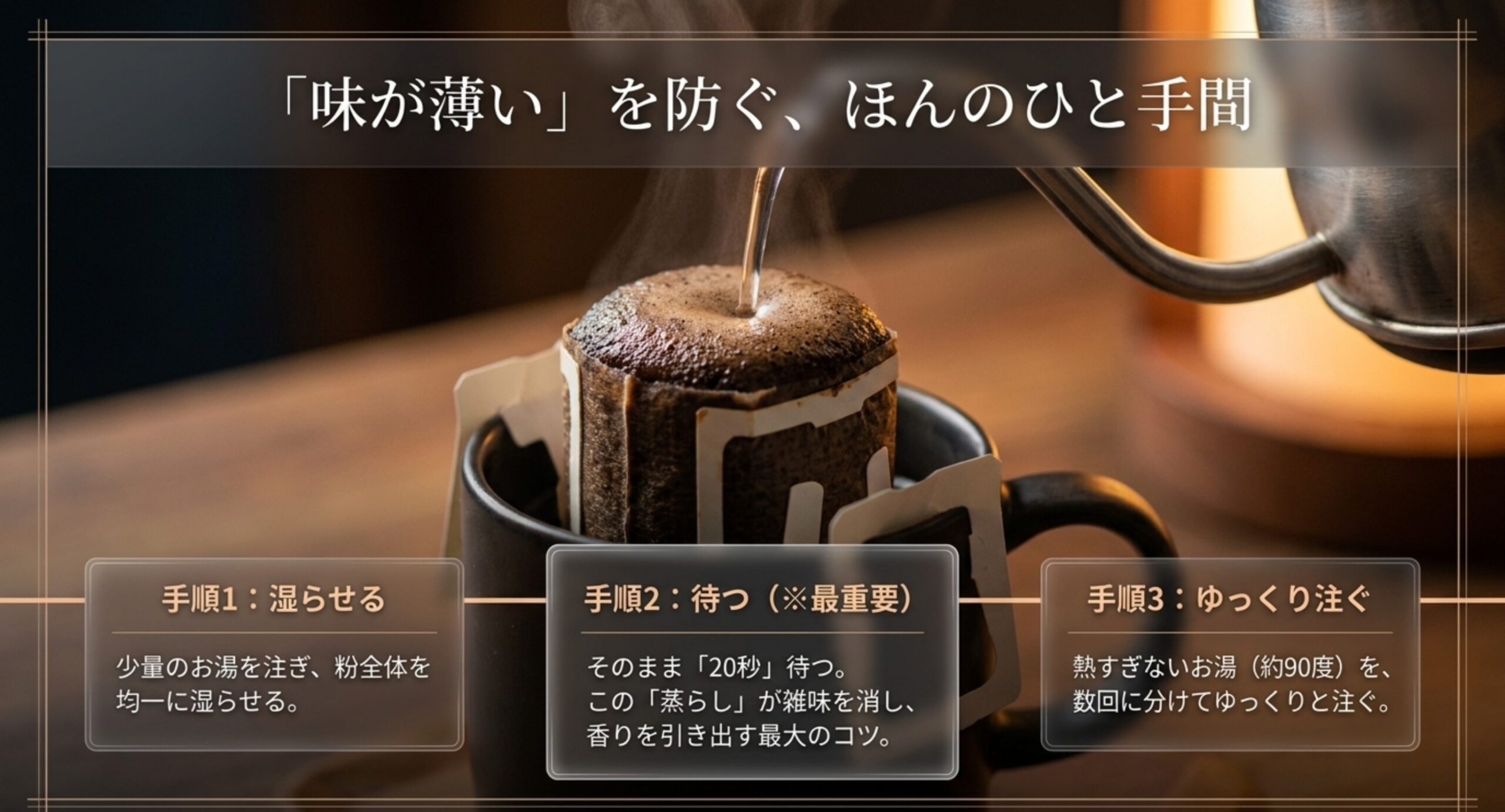 蒸らし・待つ・ゆっくり注ぐというドリップバッグをおいしく淹れる3つの手順を示したスライド