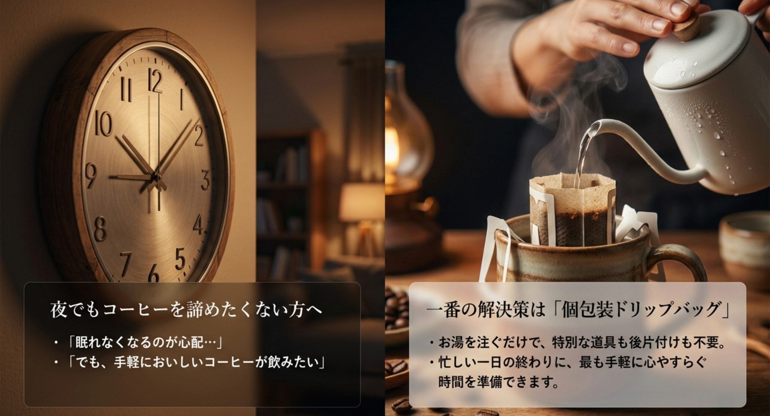 夜にコーヒーを飲みたい人に個包装のカフェインレスドリップバッグが手軽だと示すスライド