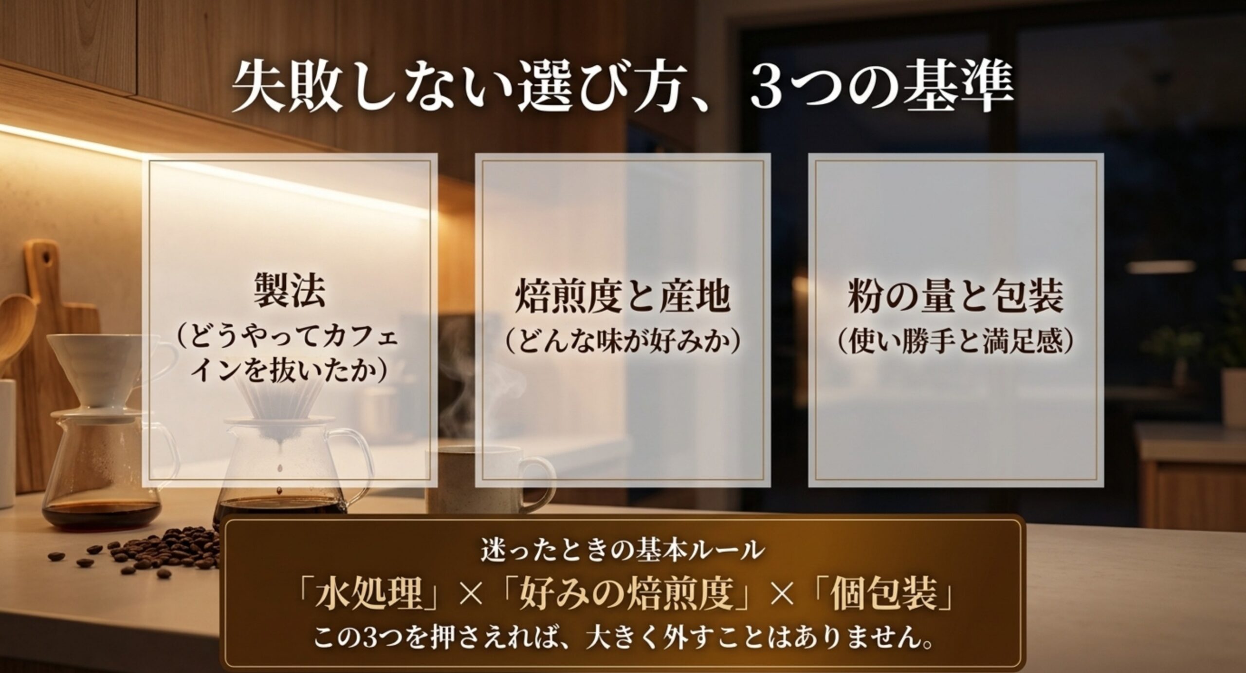 製法・焙煎度と産地・粉の量と包装というカフェインレスドリップバッグ選びの3つの基準を示したスライド