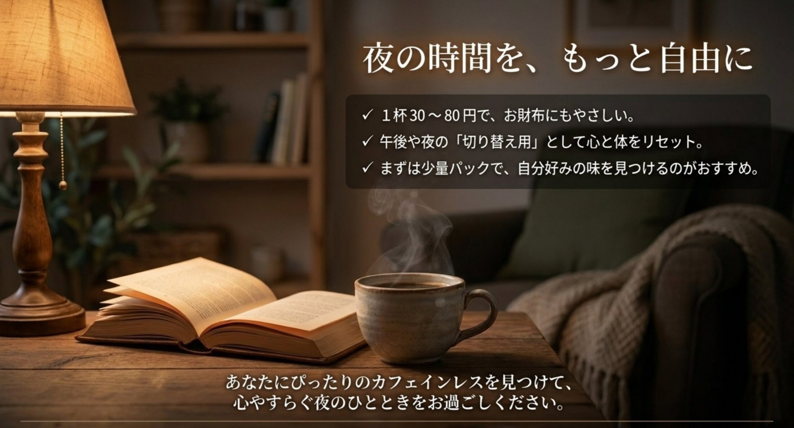 1杯あたりの値段の目安や午後・夜の切り替え用としてカフェインレスを楽しむ提案を示したスライド