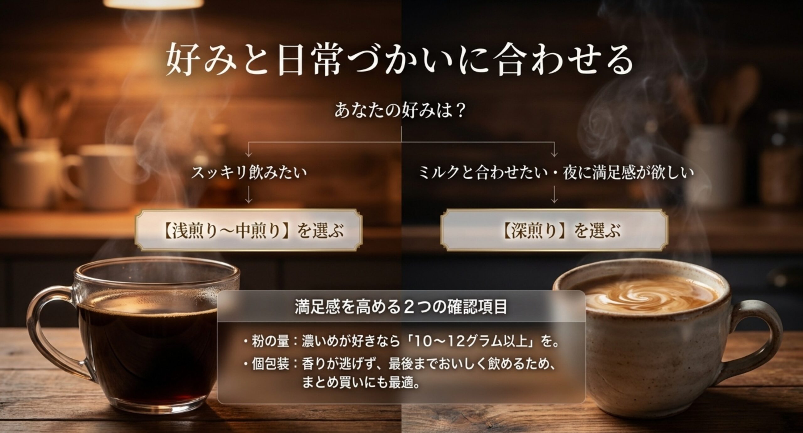 浅煎りと深煎りの選び分けや粉の量・個包装のポイントを好みと日常使いに合わせて示したスライド