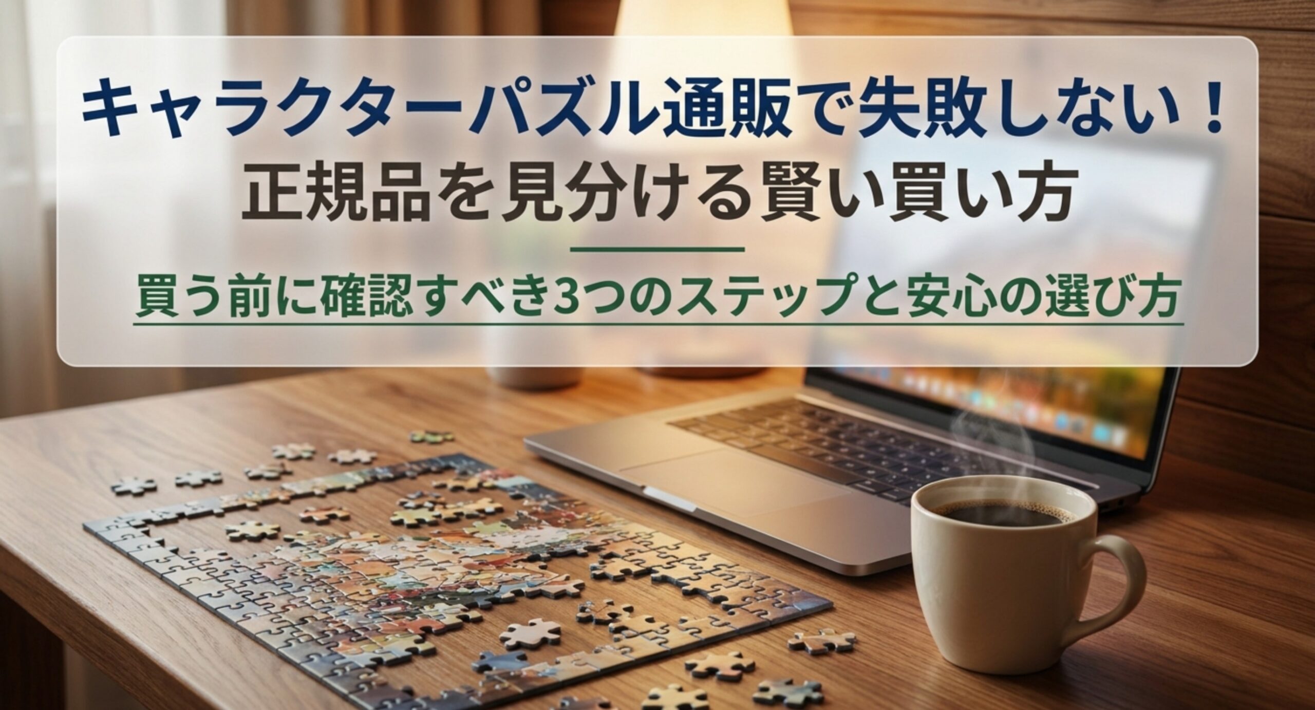 ノートパソコンとジグソーパズルを前にキャラクターパズルの正規品の見分け方を紹介する表紙のスライド