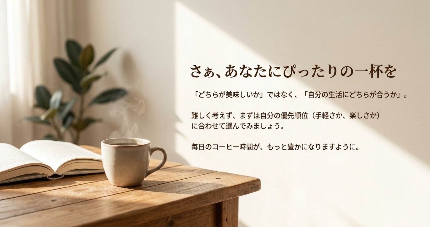 ハンドドリップとコーヒーメーカーのどちらが生活に合うかを、自分の優先順位で選ぶよう促すまとめスライド