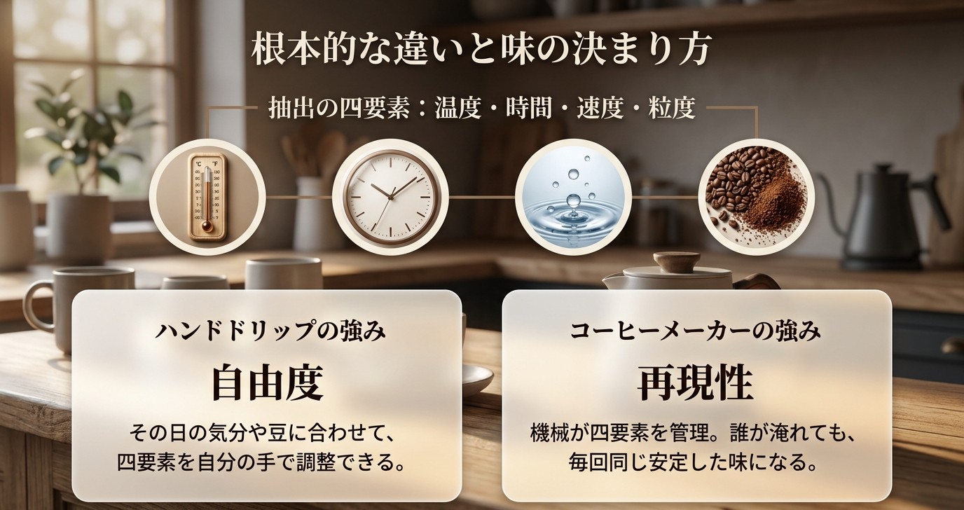 温度、時間、速度、粒度の4要素と、ハンドドリップの自由度、コーヒーメーカーの再現性を比較したスライド