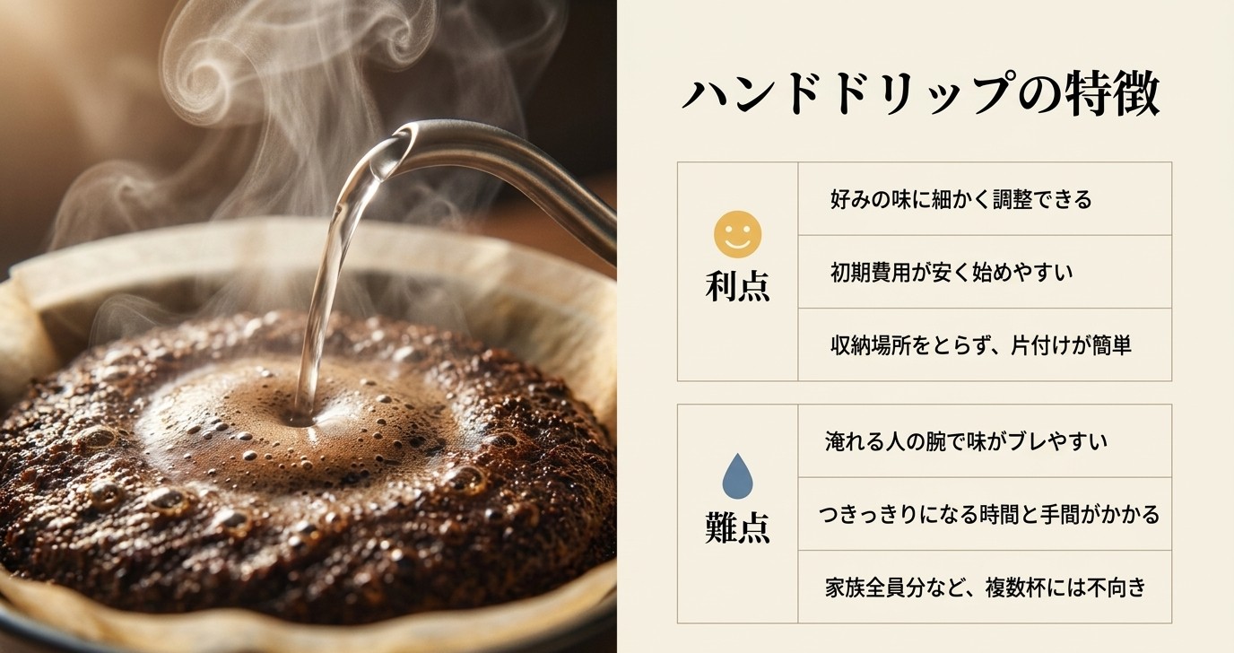 ハンドドリップの利点として味の調整や初期費用の安さ、難点として味のブレや手間を整理したスライド