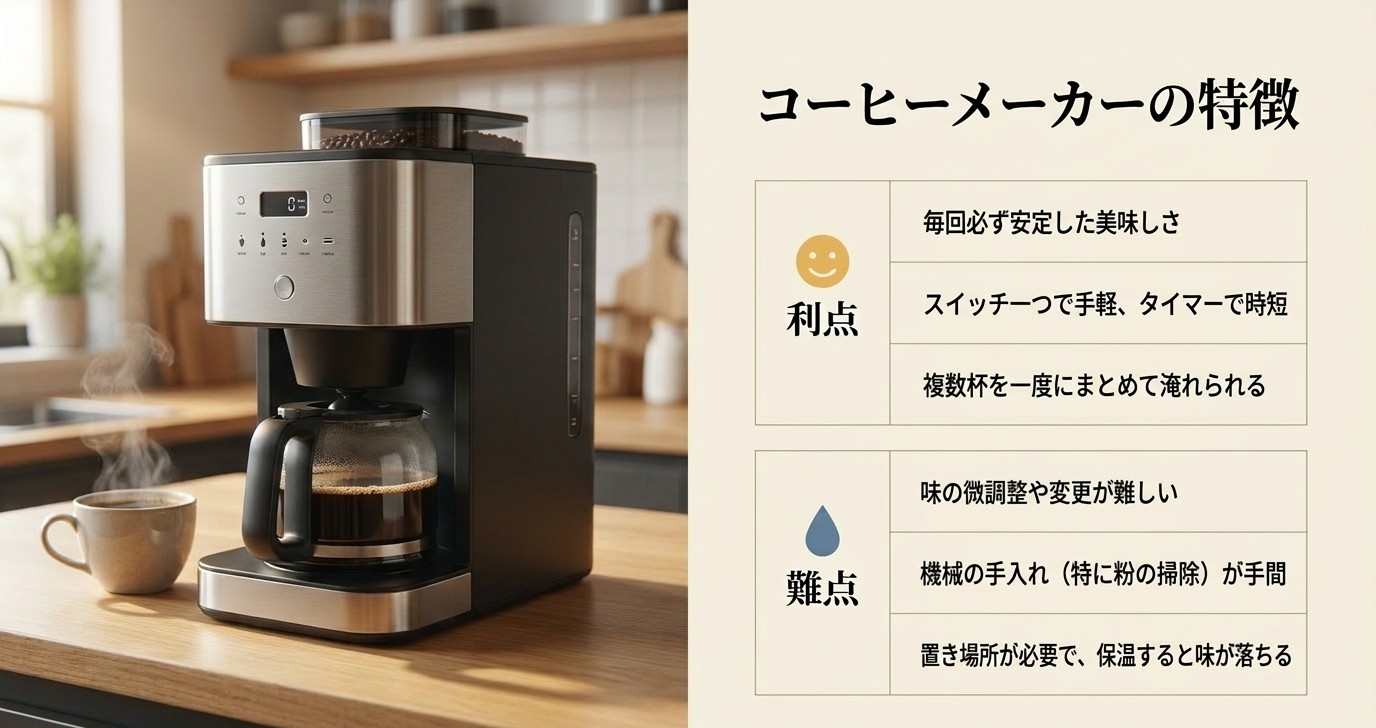 コーヒーメーカーの利点として味の安定や時短、難点として調整の難しさや手入れの手間を整理したスライド