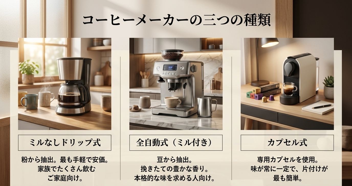ミルなしドリップ式、全自動式、カプセル式の特徴と向いている人を比較したスライド