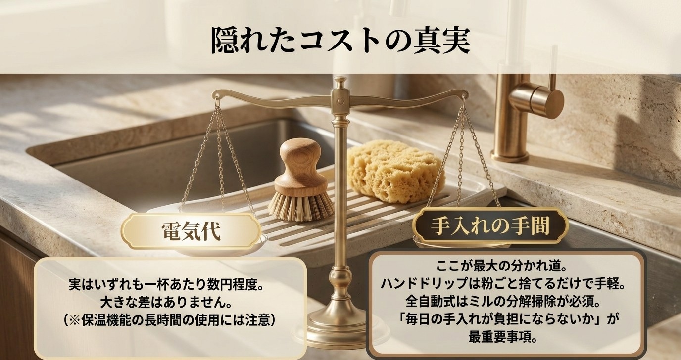 ハンドドリップとコーヒーメーカーの電気代と手入れの負担を比較したスライド