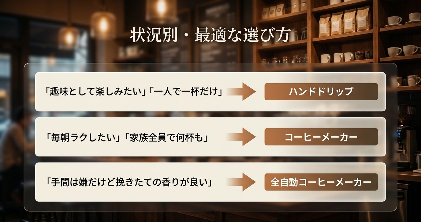 趣味や一人用ならハンドドリップ、毎朝の時短や家族用ならコーヒーメーカー、挽きたて重視なら全自動をすすめるスライド
