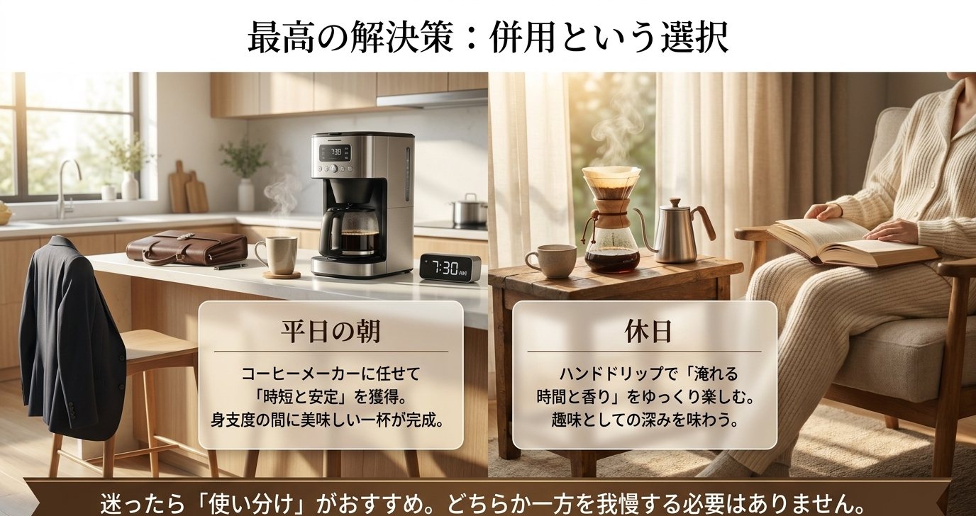 平日の朝はコーヒーメーカー、休日はハンドドリップで楽しむ使い分けを示したスライド