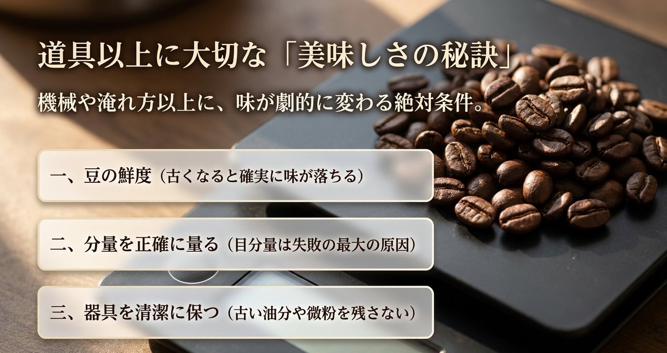 コーヒーを美味しく淹れるために、豆の鮮度、正確な分量、器具の清潔さが重要であることを示したスライド