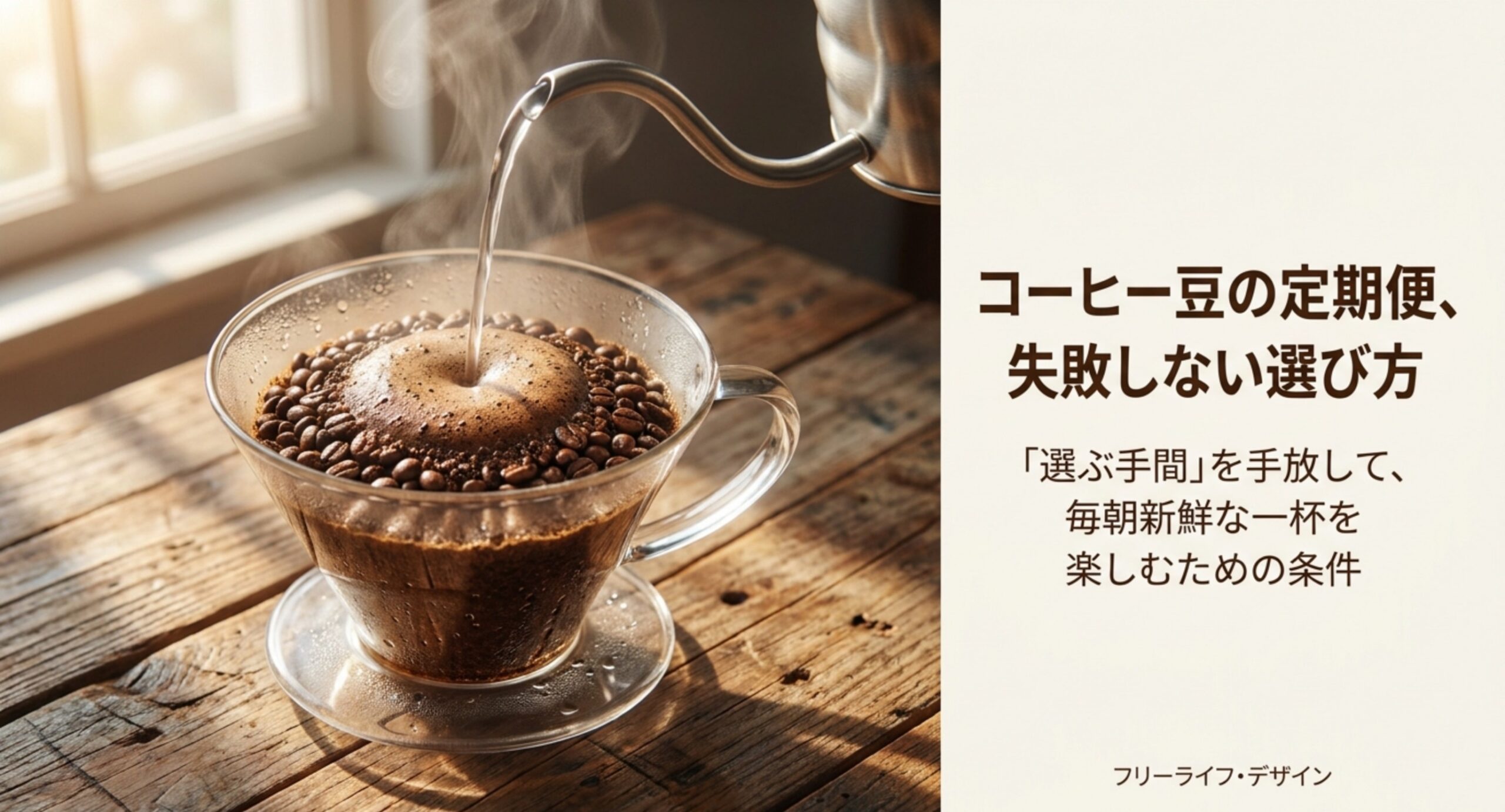 湯を注ぐドリップとコーヒー豆を背景に「コーヒー豆の定期便、失敗しない選び方」と記したタイトルスライド