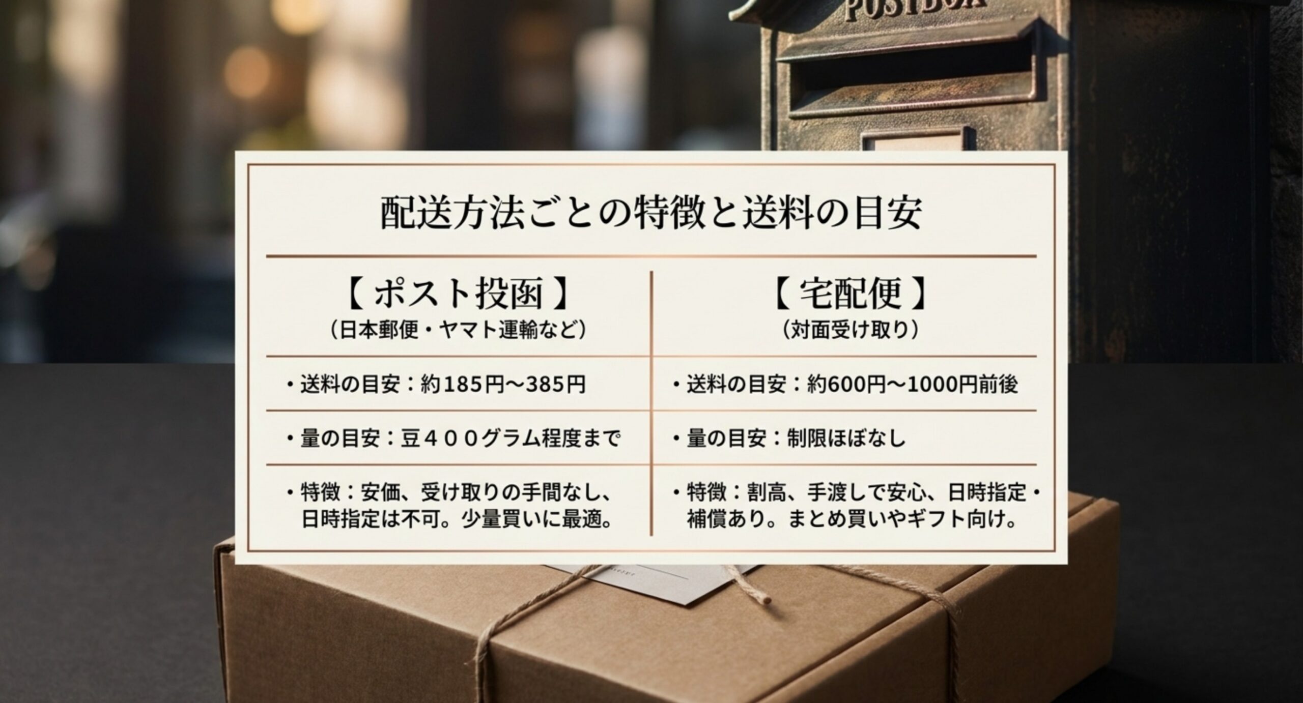 ポスト投函と宅配便で送料や容量、受け取り方がどう違うかを比較した配送方法のスライド