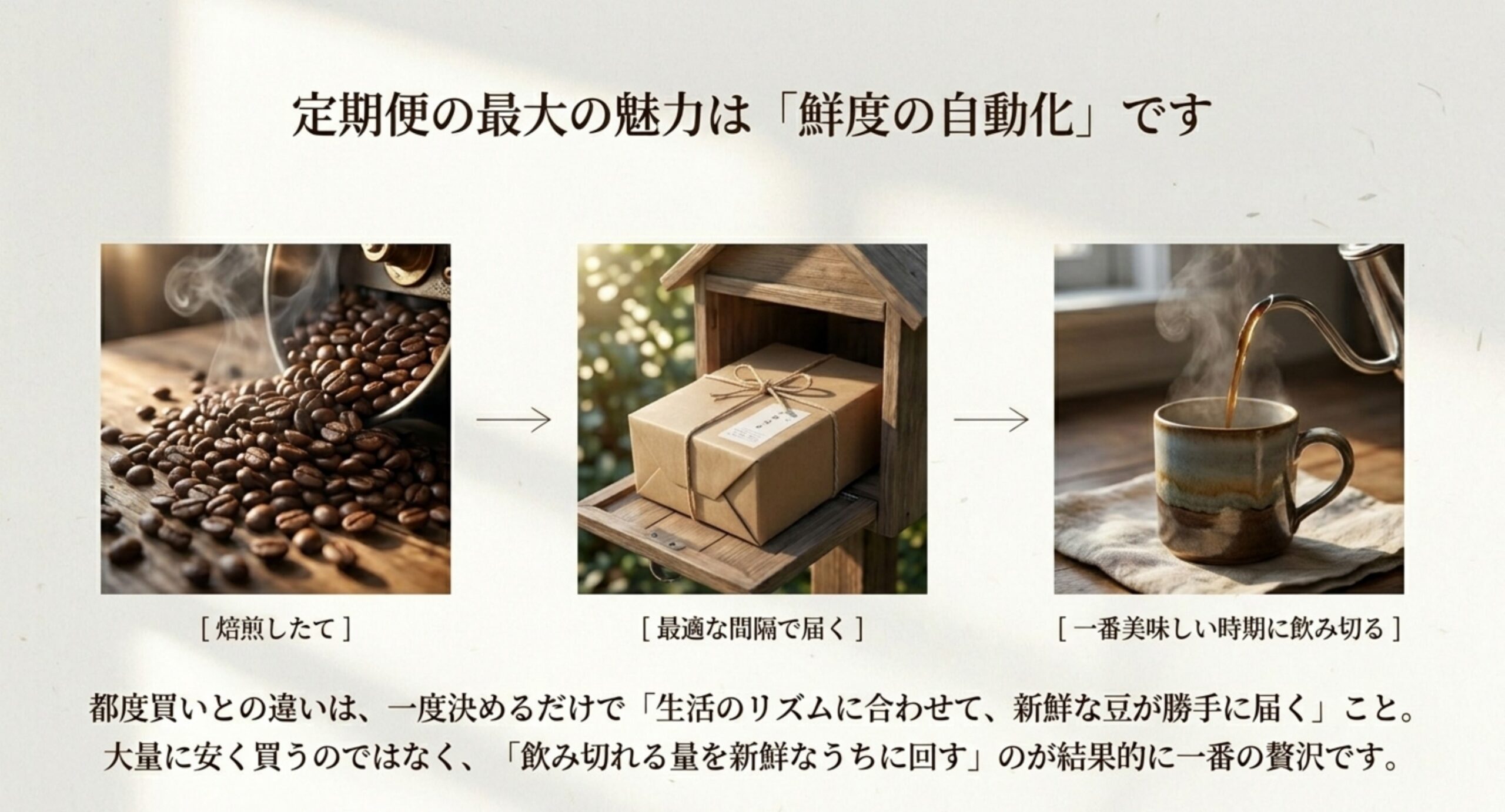 焙煎したての豆が最適な間隔で届き一番おいしい時期に飲み切れる鮮度の自動化を三段階で示したスライド