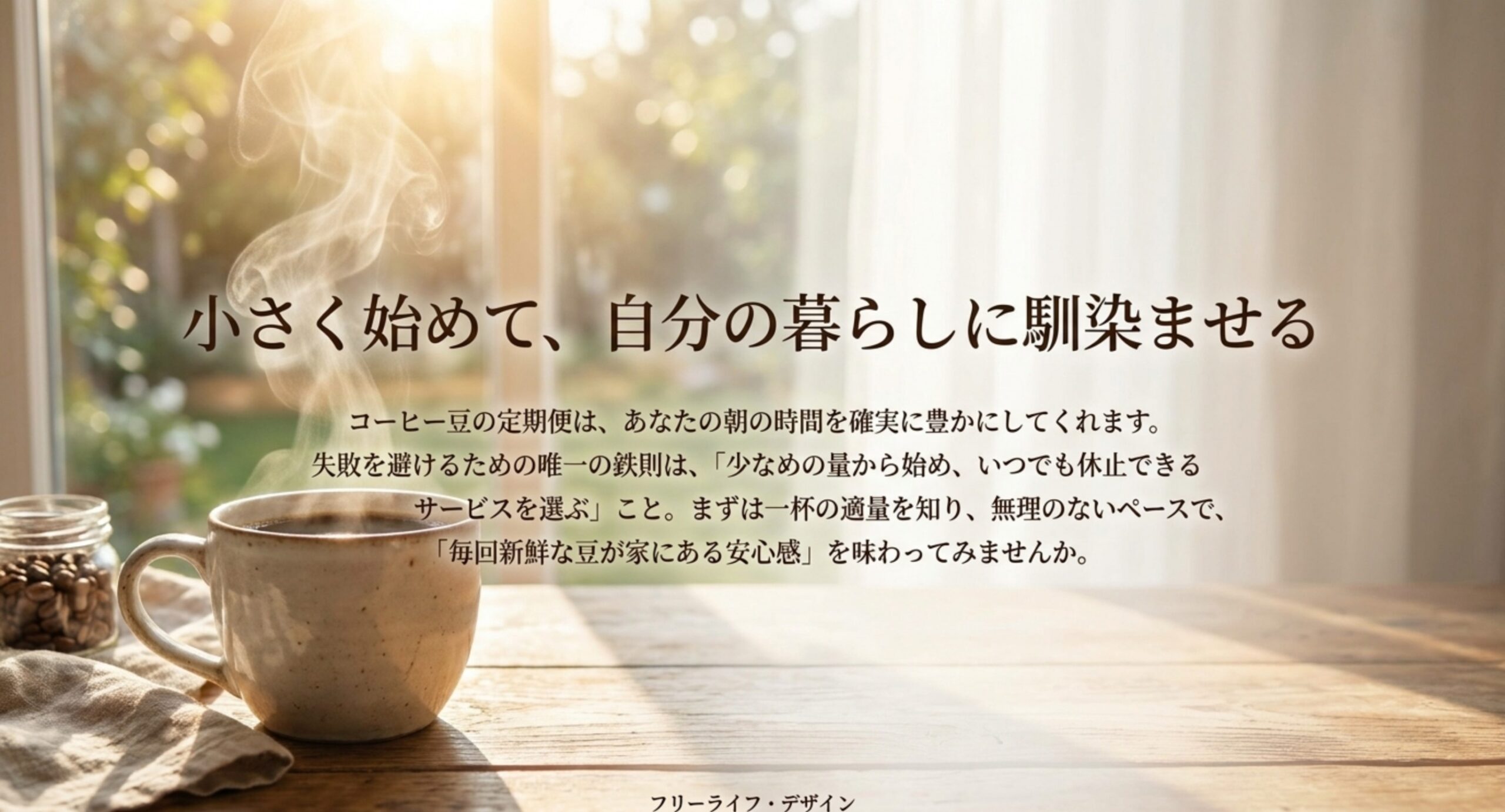 朝の窓辺のコーヒーを背景に小さく始めて自分の暮らしに馴染ませると締めくくった最後のスライド
