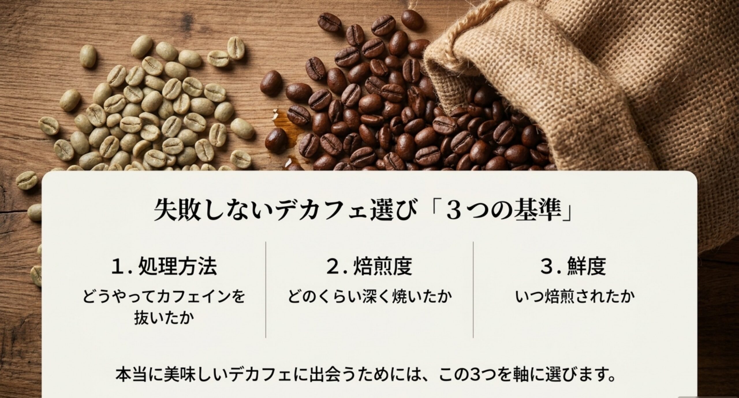 処理方法・焙煎度・鮮度というデカフェ選びの3つの基準を示したスライド