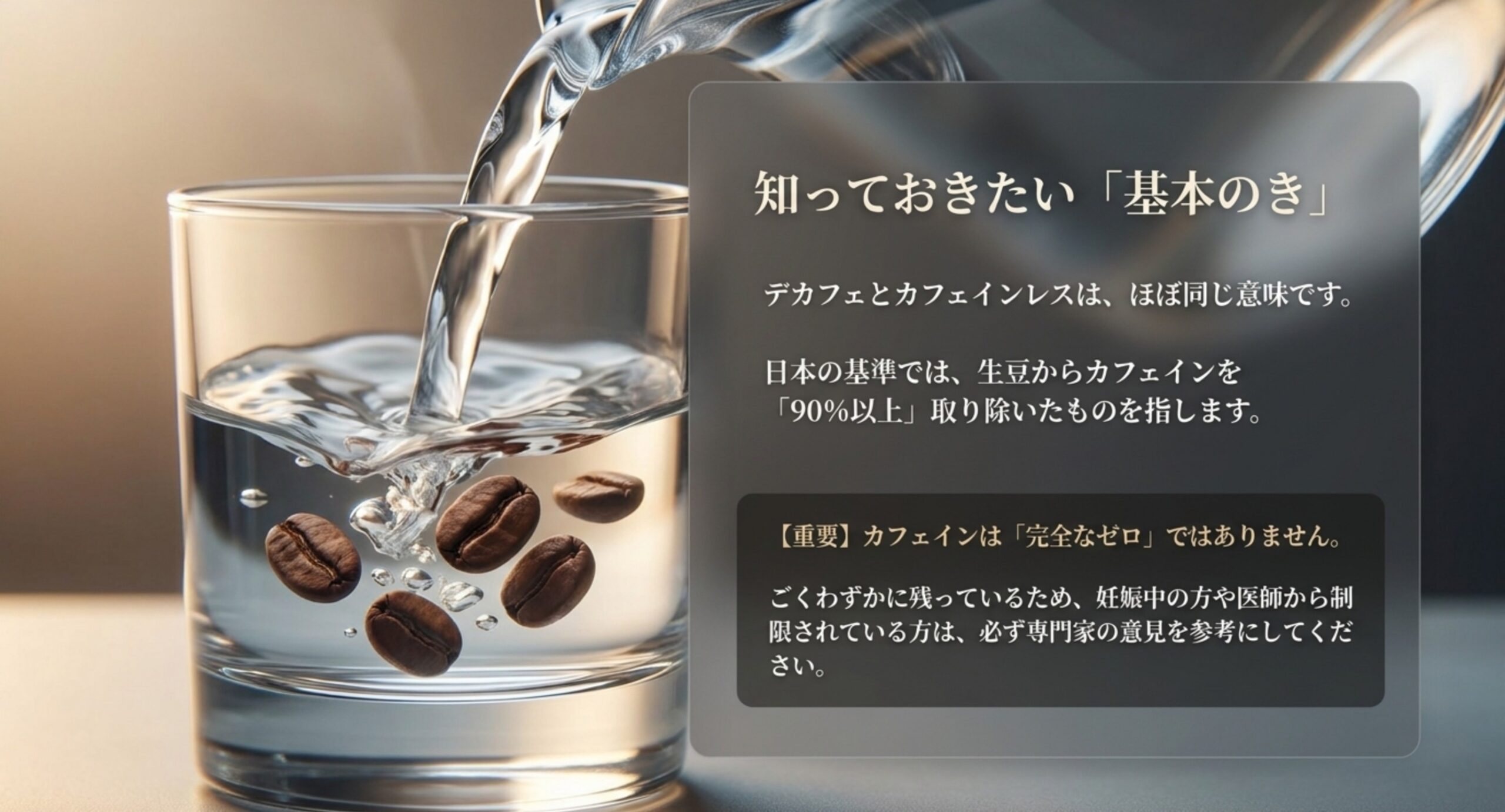 デカフェとカフェインレスはほぼ同義でカフェインがゼロではないという基本知識を示したスライド