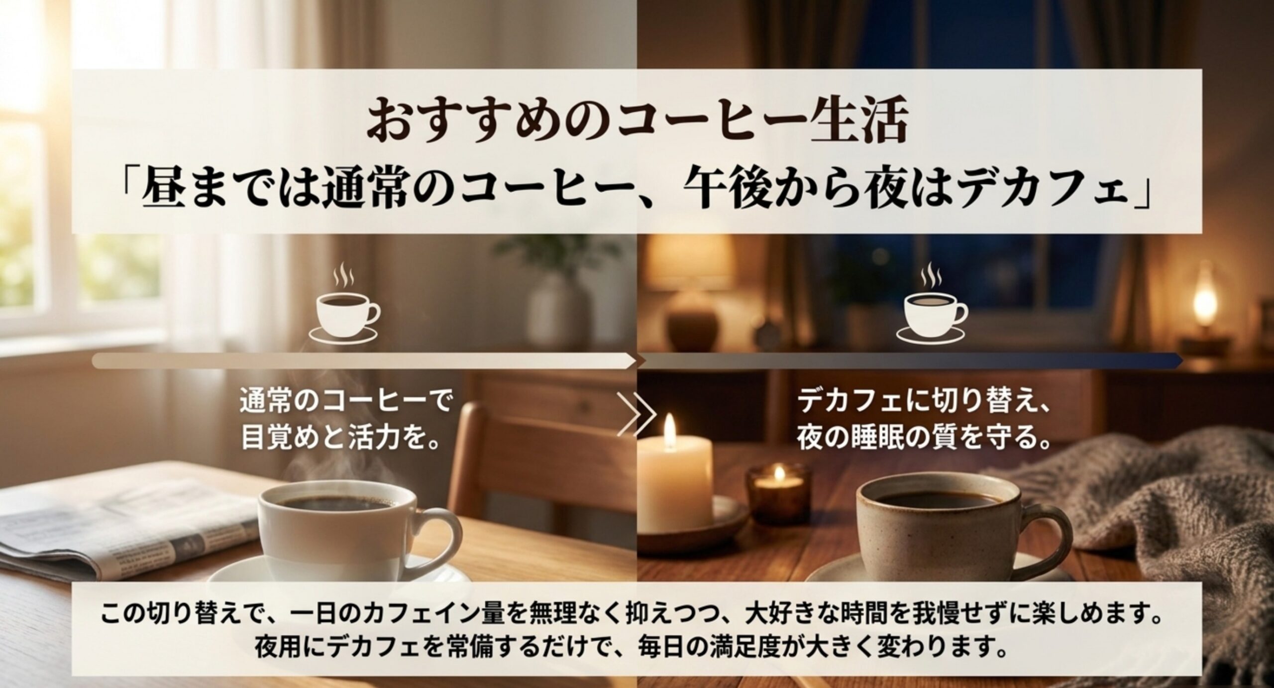 昼は通常のコーヒー、午後から夜はデカフェに切り替える飲み方を提案したスライド