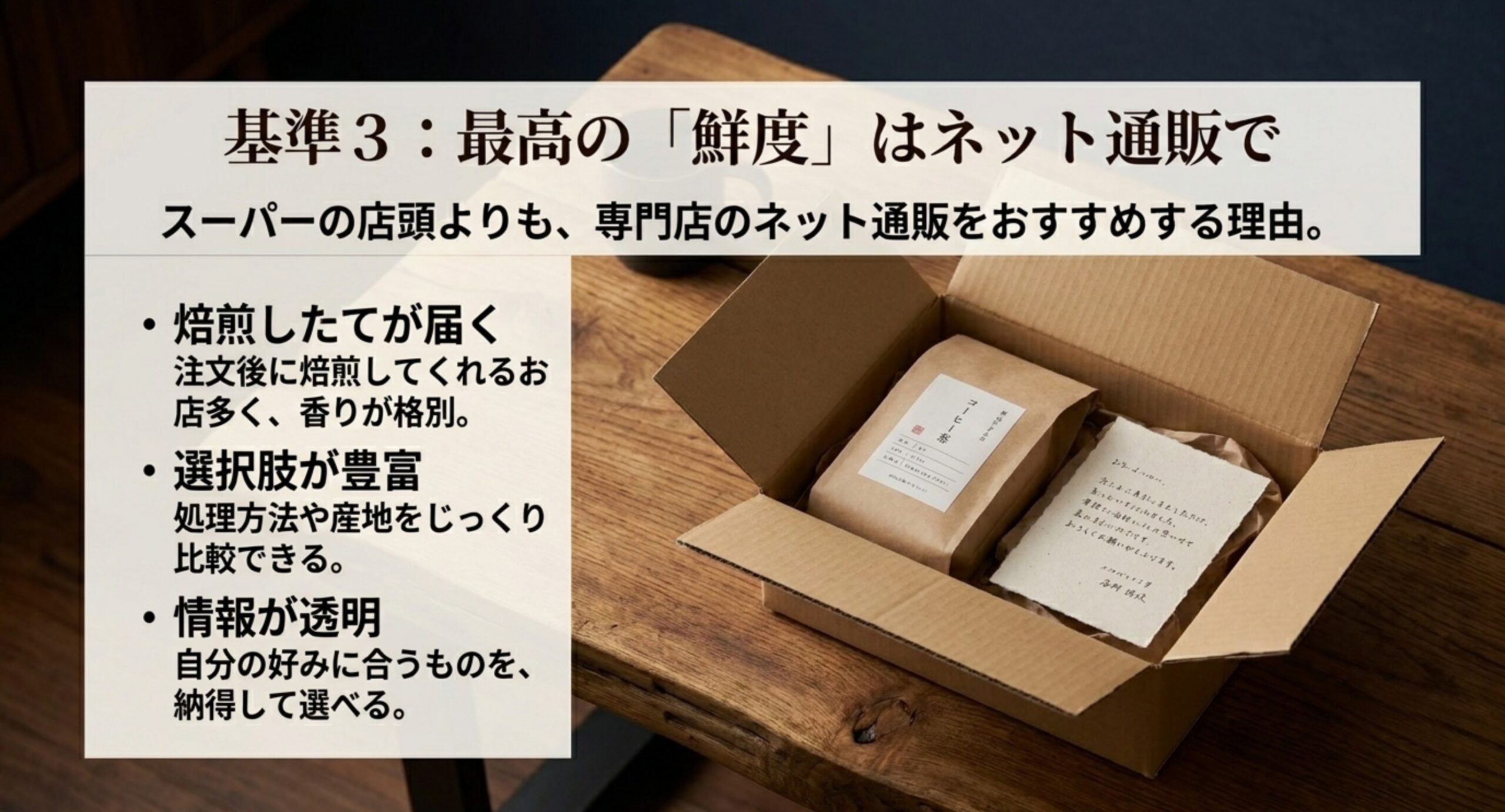 通販は焙煎したてが届き選択肢が豊富で情報が透明という鮮度面の利点を示したスライド