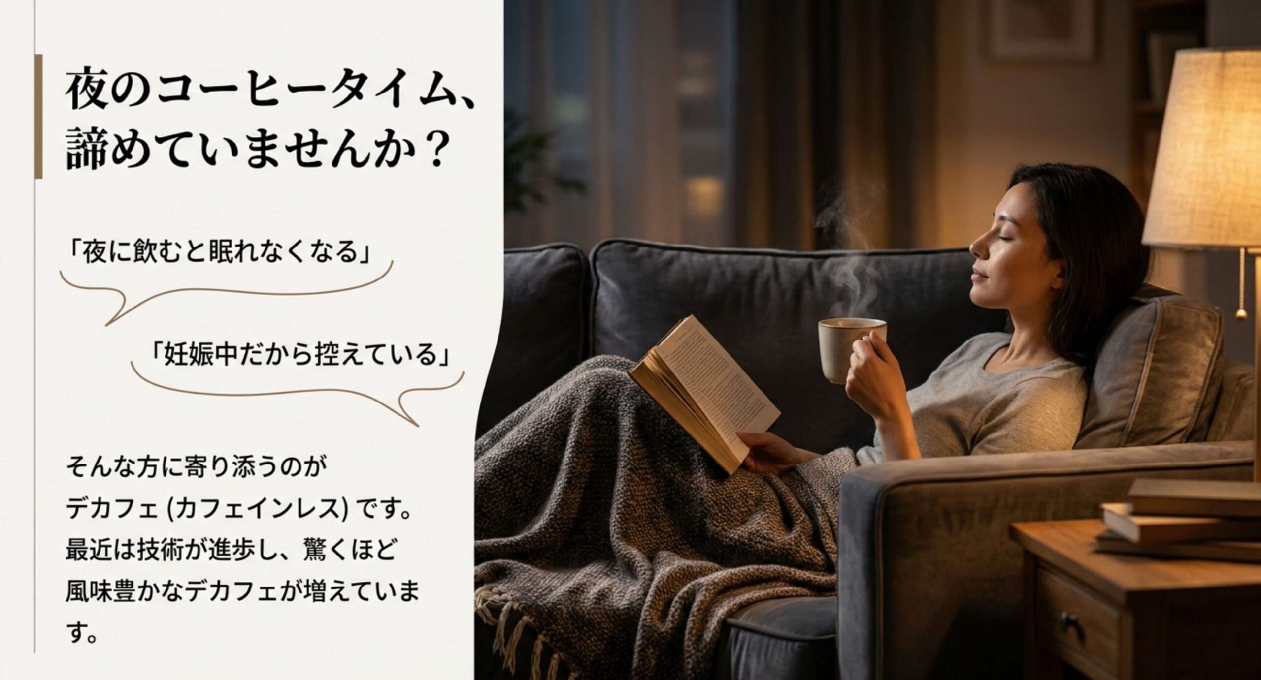 夜に眠れない・妊娠中で控えているという悩みにデカフェが寄り添うことを示したスライド