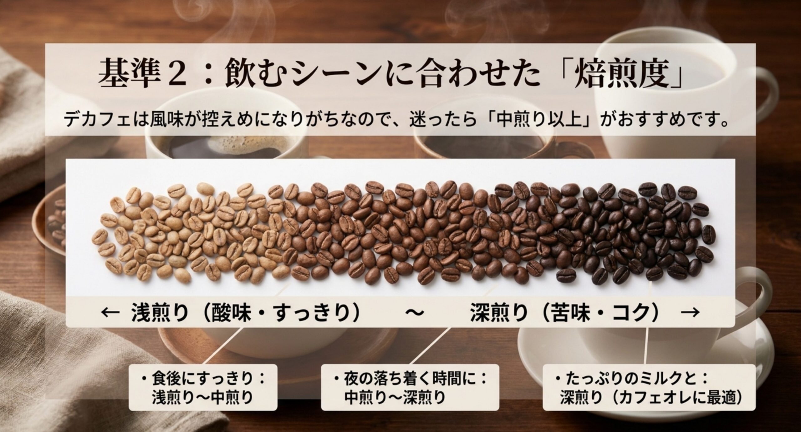 浅煎りと深煎りの味の違いと、飲むシーンに合わせた焙煎度の選び方を示したスライド