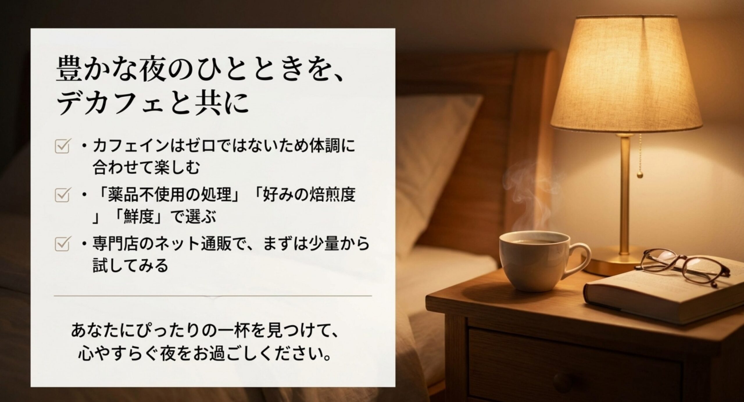 カフェイン非ゼロ・3つの軸で選ぶ・通販で少量からというデカフェ選びのまとめのスライド