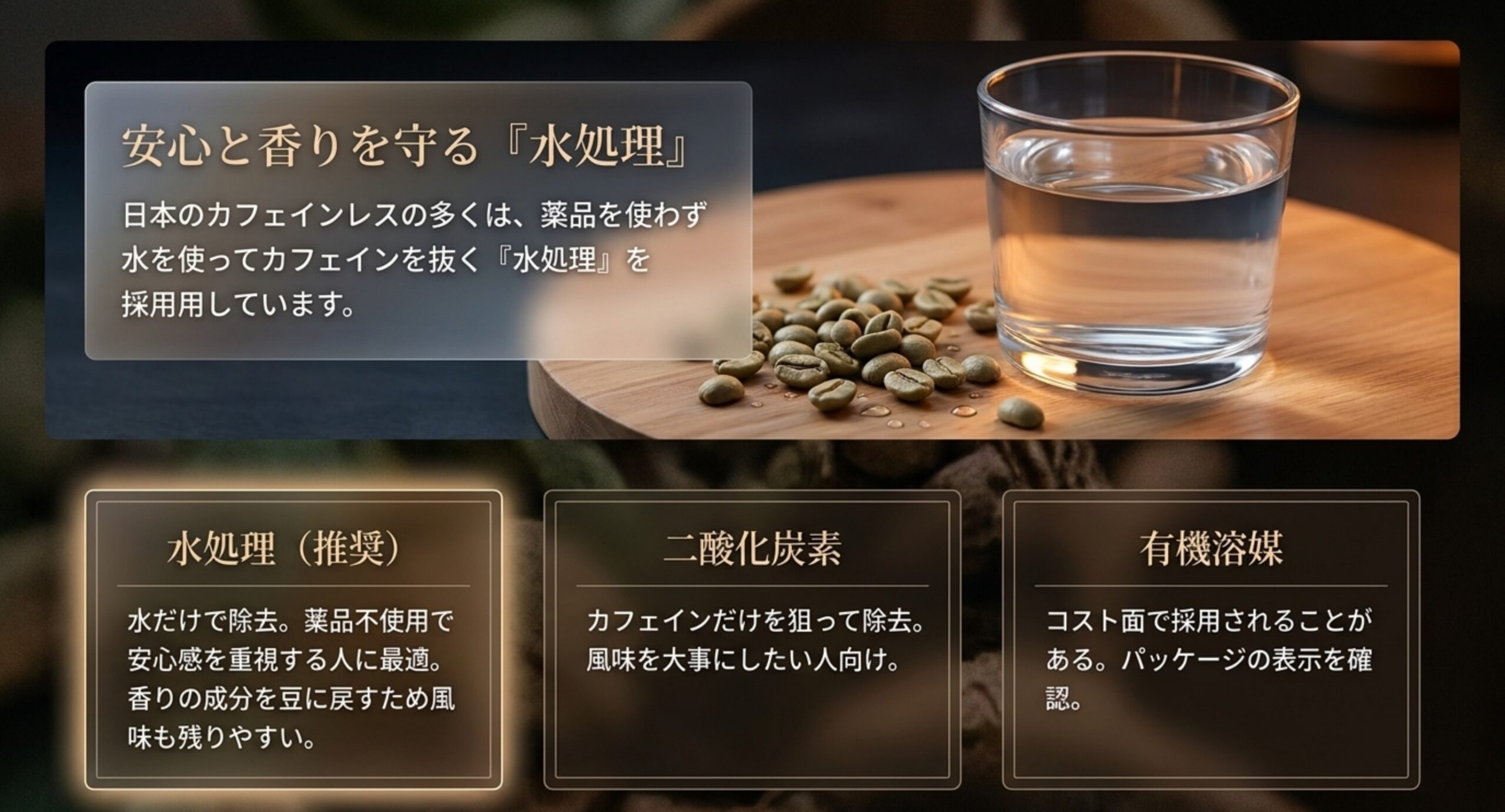 水処理・二酸化炭素・有機溶媒というカフェイン除去の3つの製法の特徴を比較したスライド