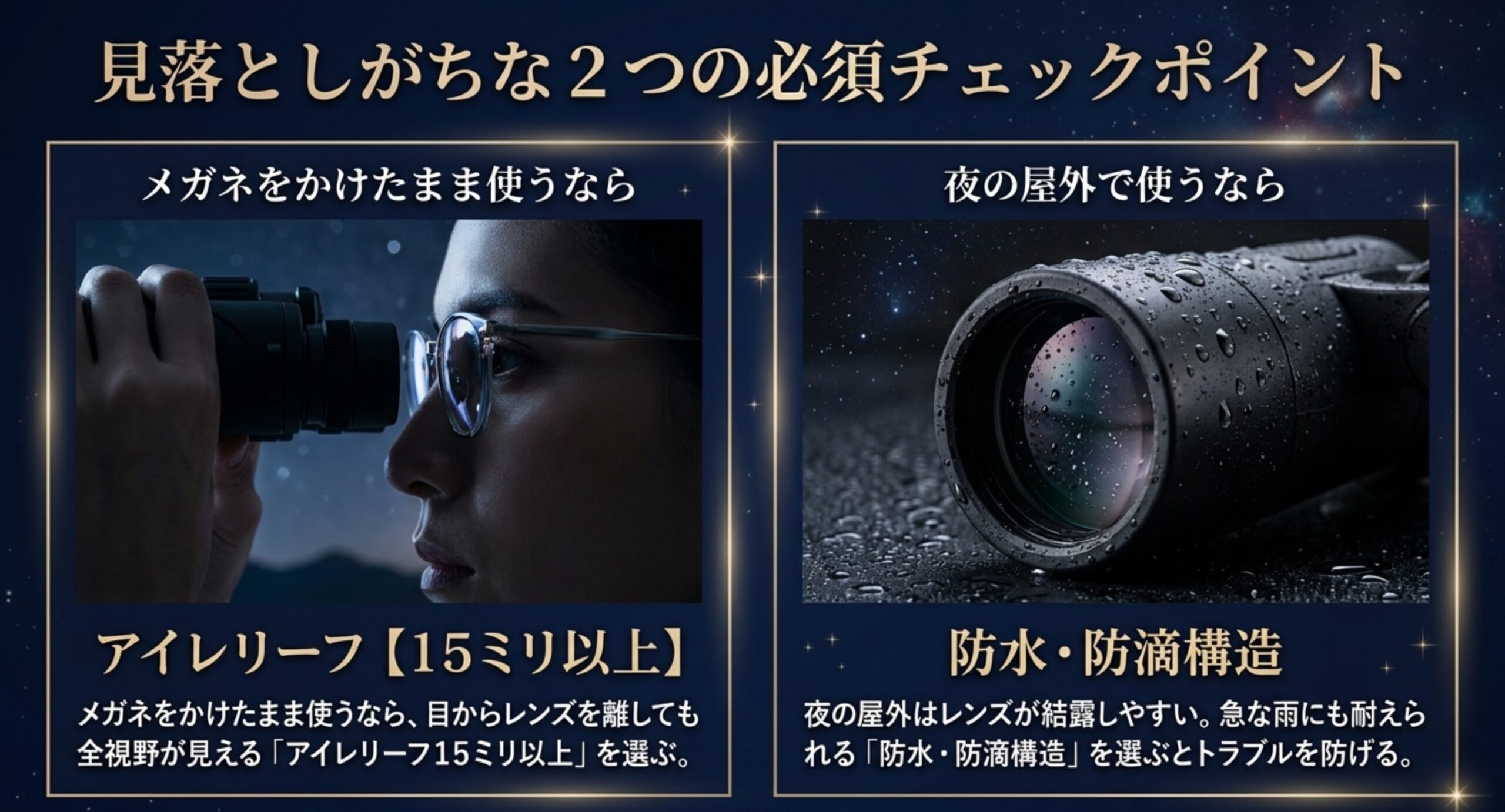 メガネ向けのアイレリーフ15ミリ以上と、夜の屋外向けの防水防滴構造という2つの確認点を示したスライド