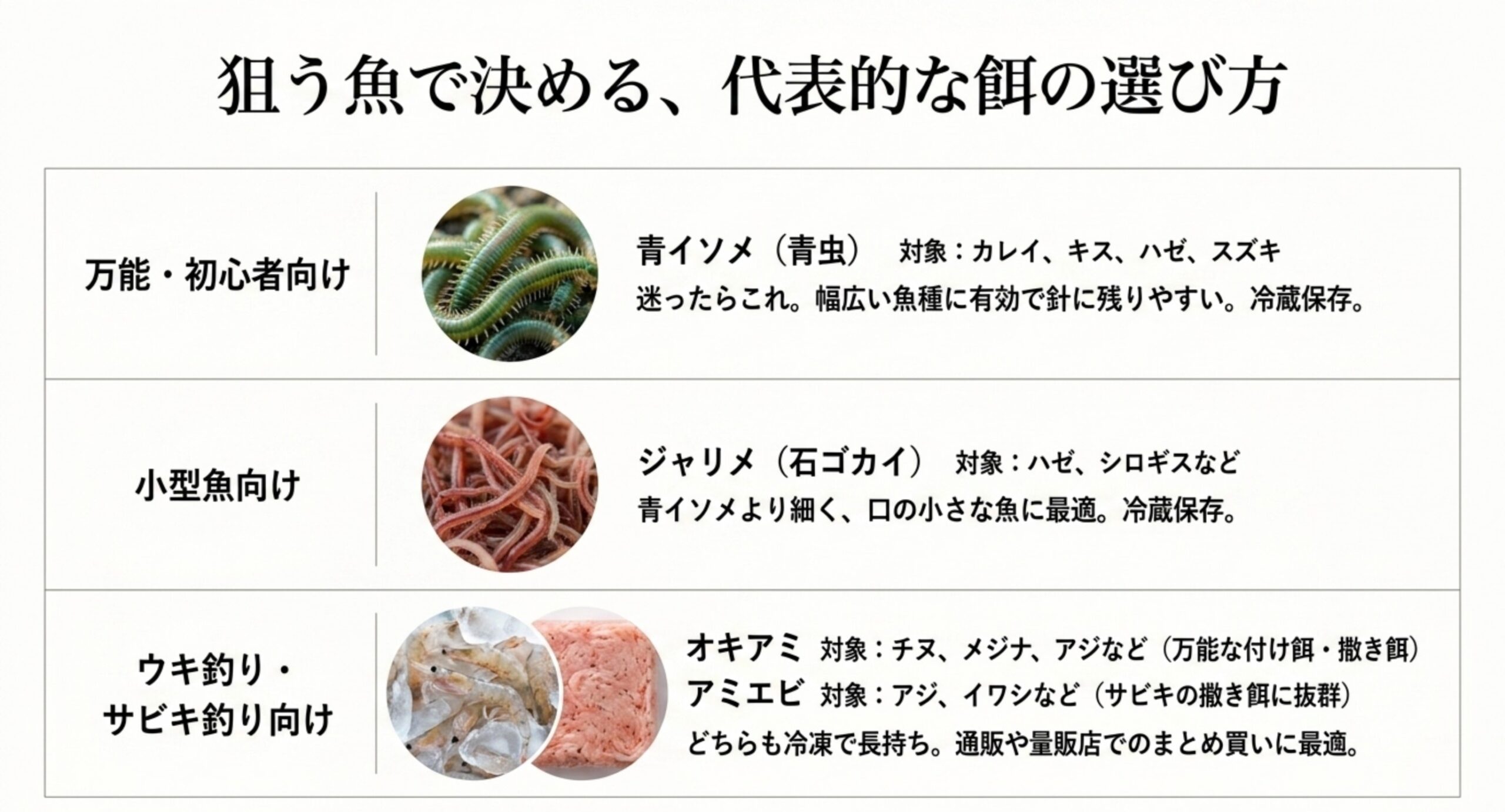 青イソメ・ジャリメ・オキアミ・アミエビの対象魚と向く釣り方を狙う魚別に整理したスライド