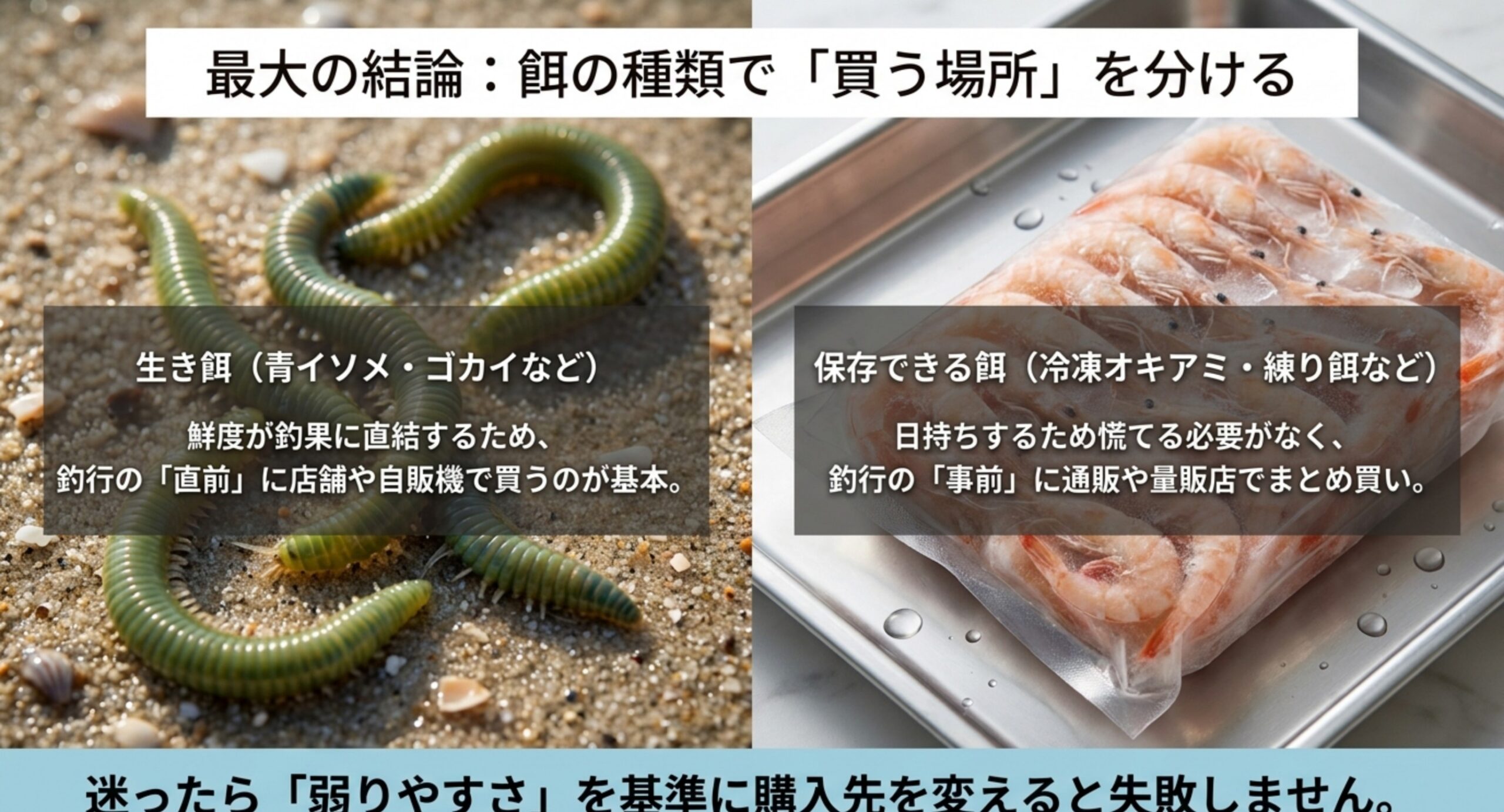 生き餌は店舗や自販機で直前に、冷凍や練り餌は通販や量販店で事前にと餌の種類で購入先を分ける考え方を示したスライド
